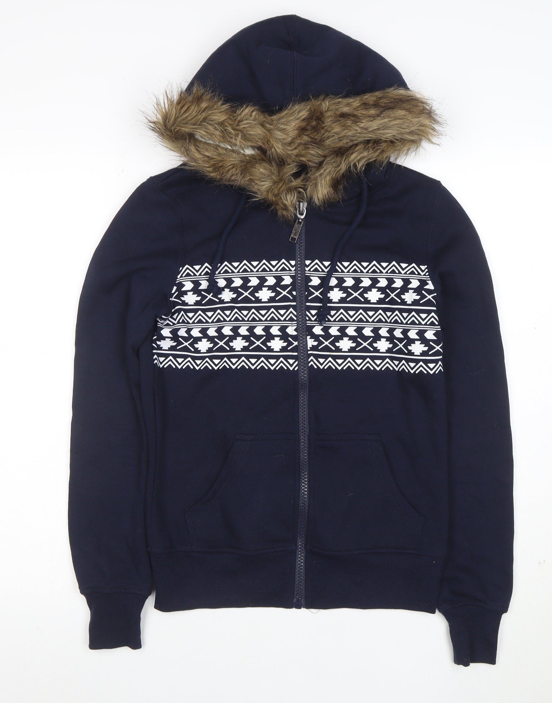 Brave Soul Womens Full Zip Hoodie Size XS Blue Fair Isle Long Sleeve Casual - reverse view
