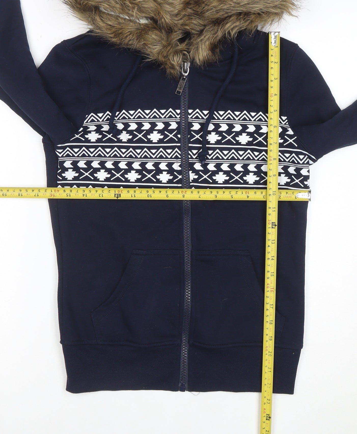 Brave Soul Womens Full Zip Hoodie Size XS Blue Fair Isle Long Sleeve Casual - close detail