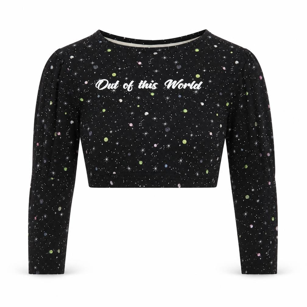 Brave Soul Womens Cropped T-Shirt Size S Black Polka Dot Crew Neck Long Sleeve - front view