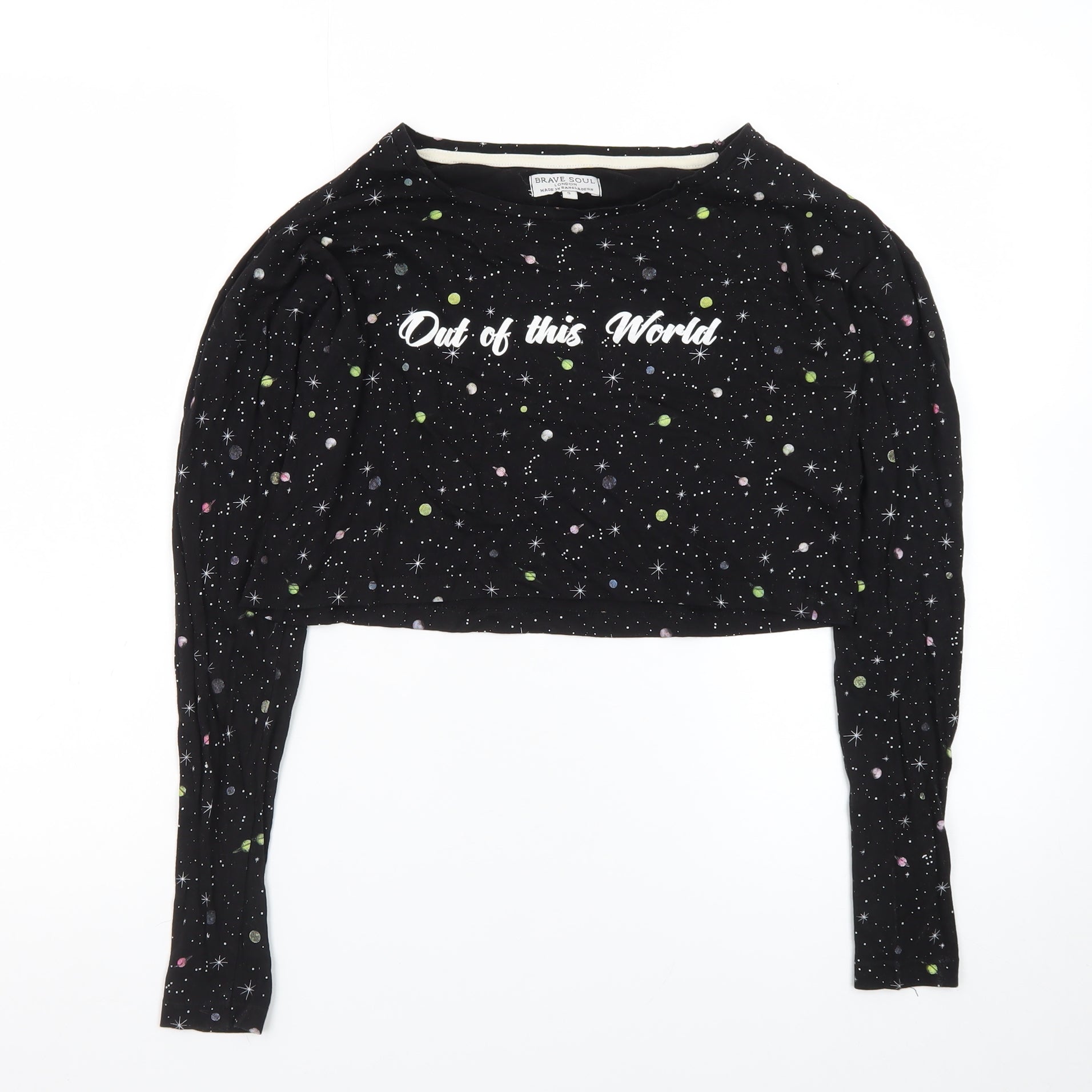 Brave Soul Womens Cropped T-Shirt Size S Black Polka Dot Crew Neck Long Sleeve - reverse view
