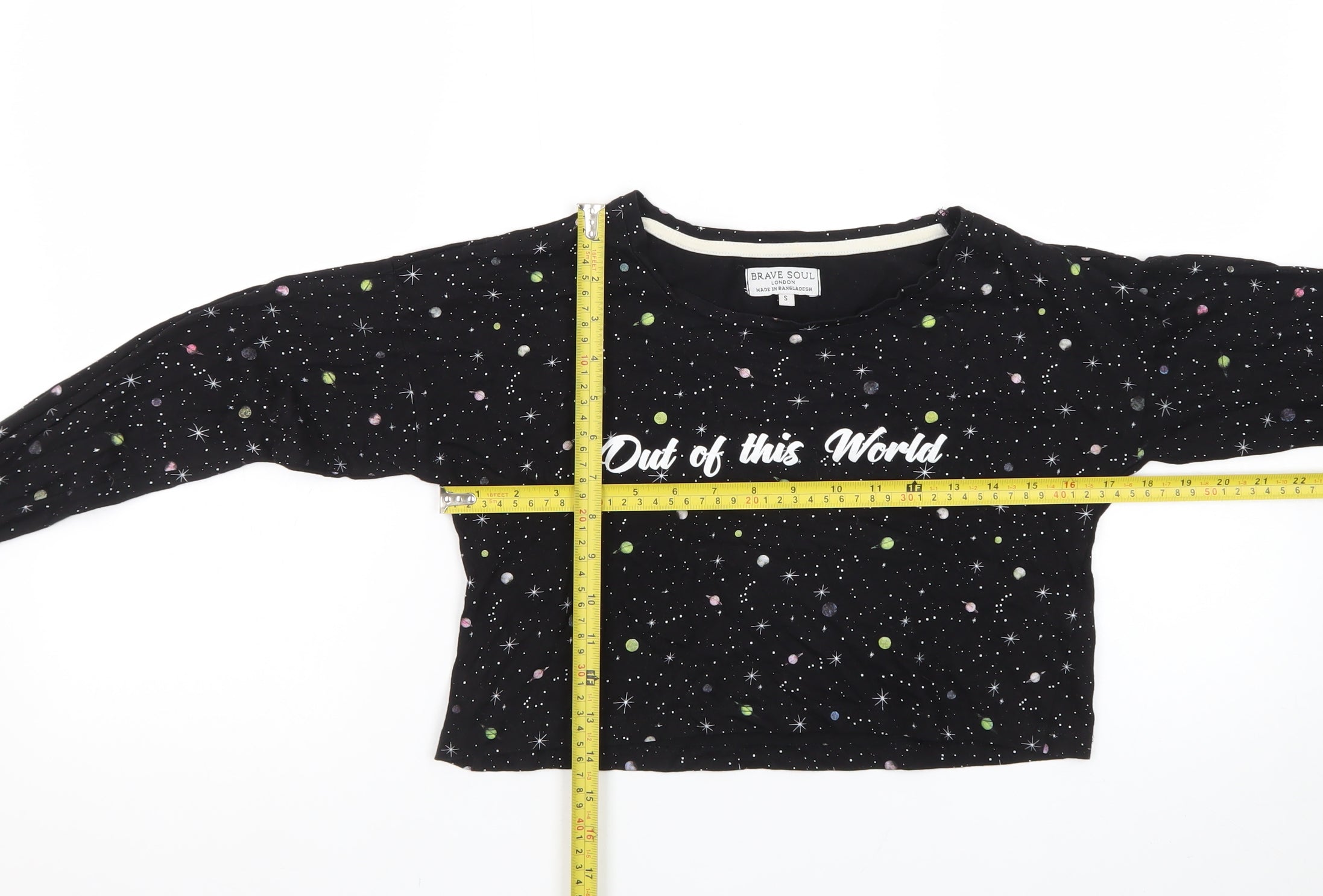 Brave Soul Womens Cropped T-Shirt Size S Black Polka Dot Crew Neck Long Sleeve - label detail