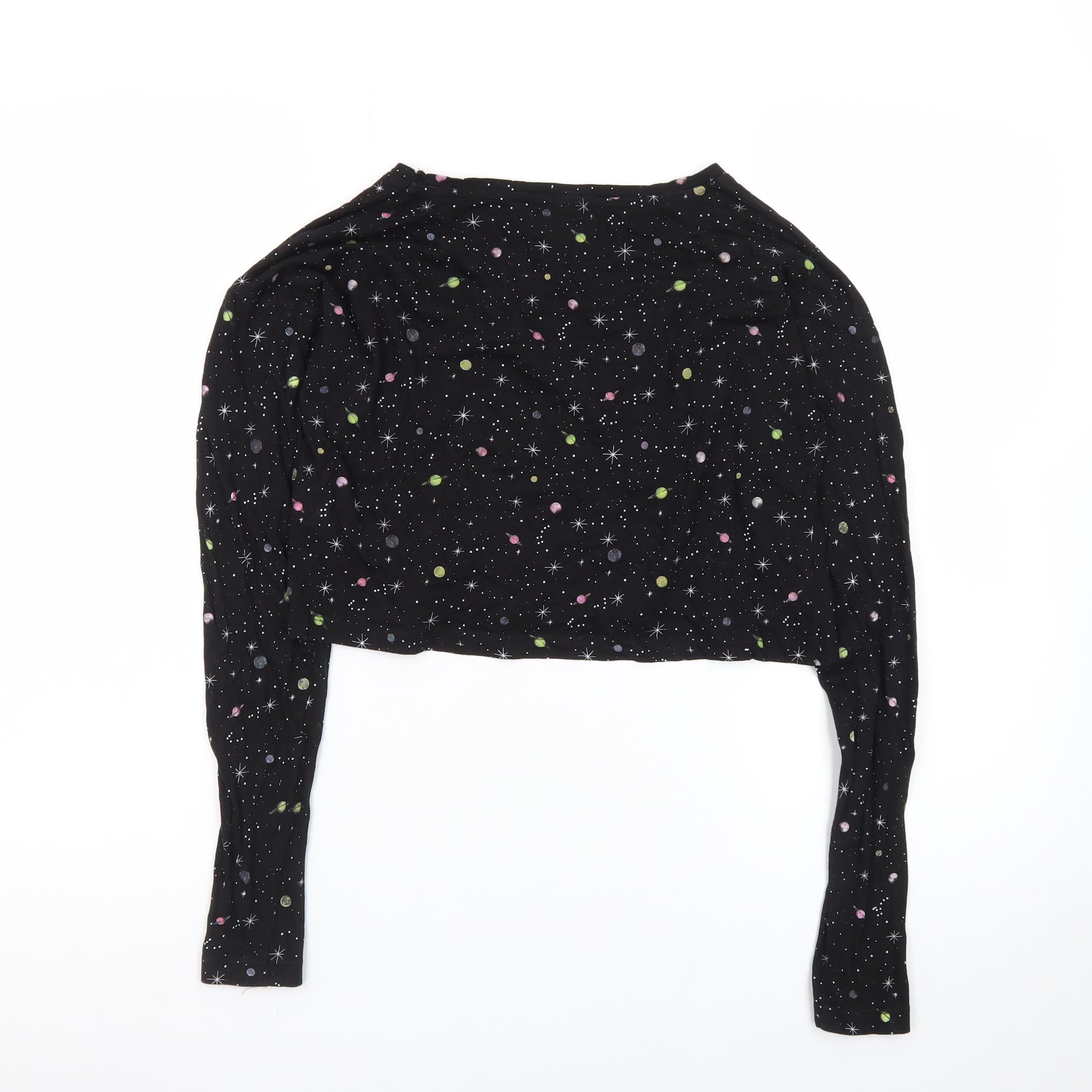 Brave Soul Womens Cropped T-Shirt Size S Black Polka Dot Crew Neck Long Sleeve - close detail