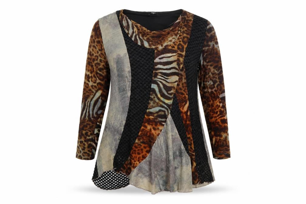 Womens Klass Size 2XL Tunic Jumper Brown Cowl Neck Animal Print Long Sleeve - front view