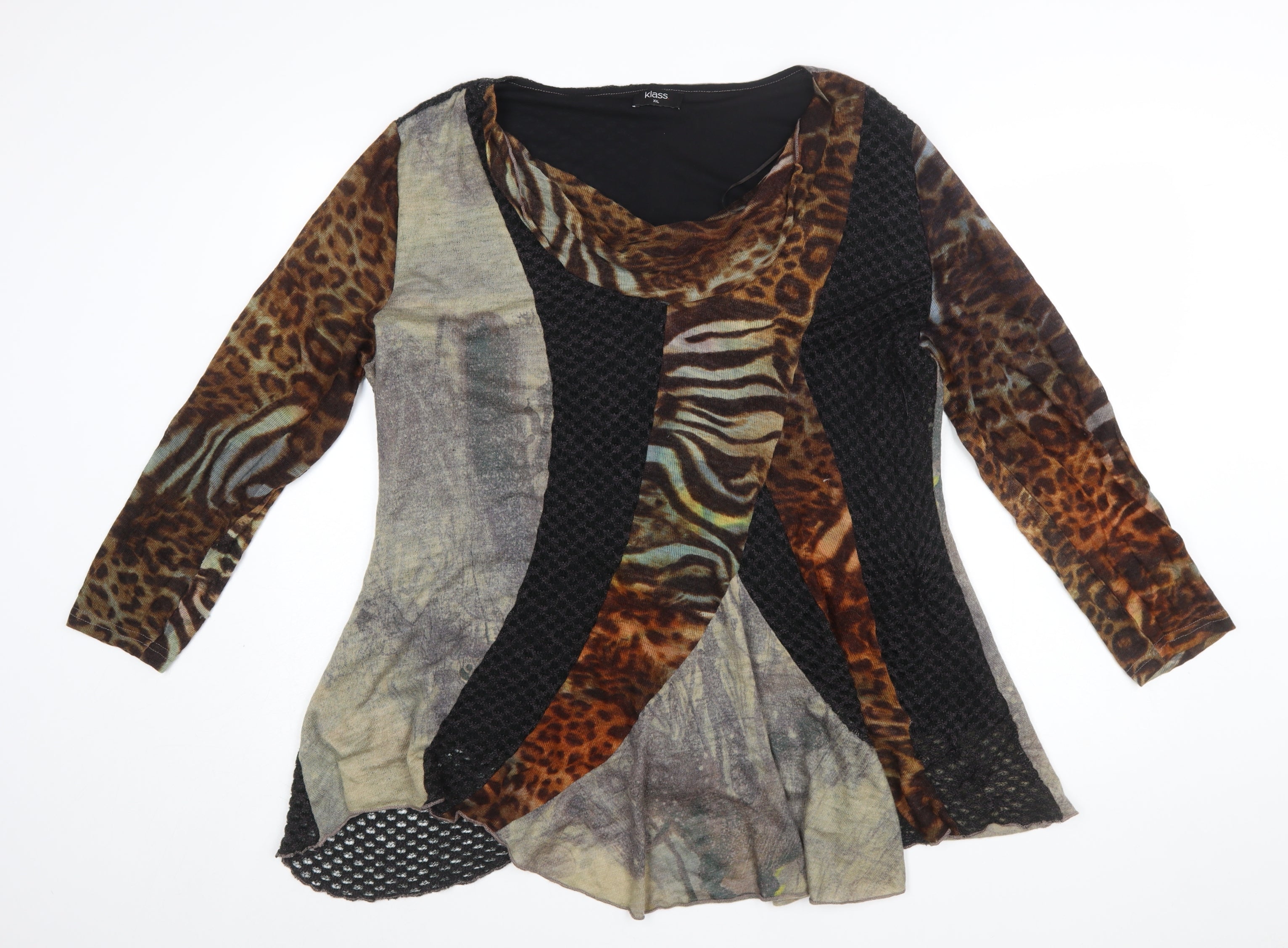 Womens Klass Size 2XL Tunic Jumper Brown Cowl Neck Animal Print Long Sleeve - reverse view