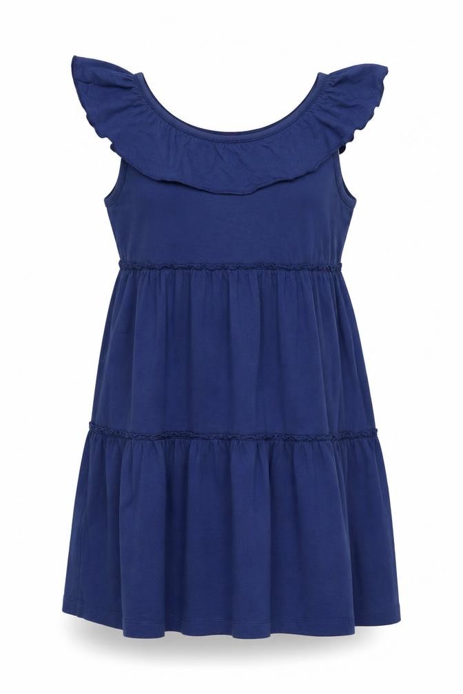Womens H&M Size 6 A-Line Dress Blue Short Scoop Neck Sleeveless Casual Ruffle - front view