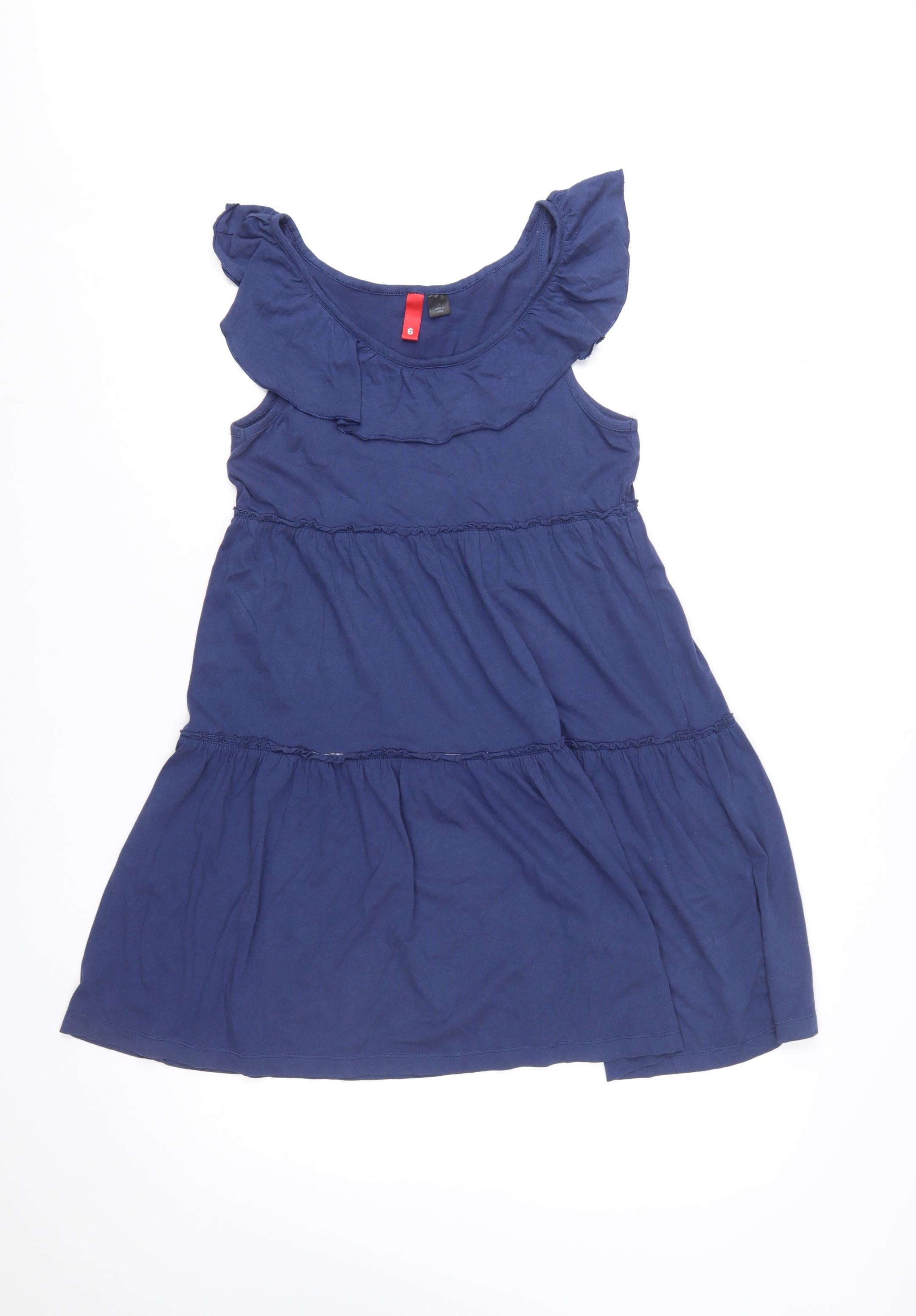 Womens H&M Size 6 A-Line Dress Blue Short Scoop Neck Sleeveless Casual Ruffle - reverse view