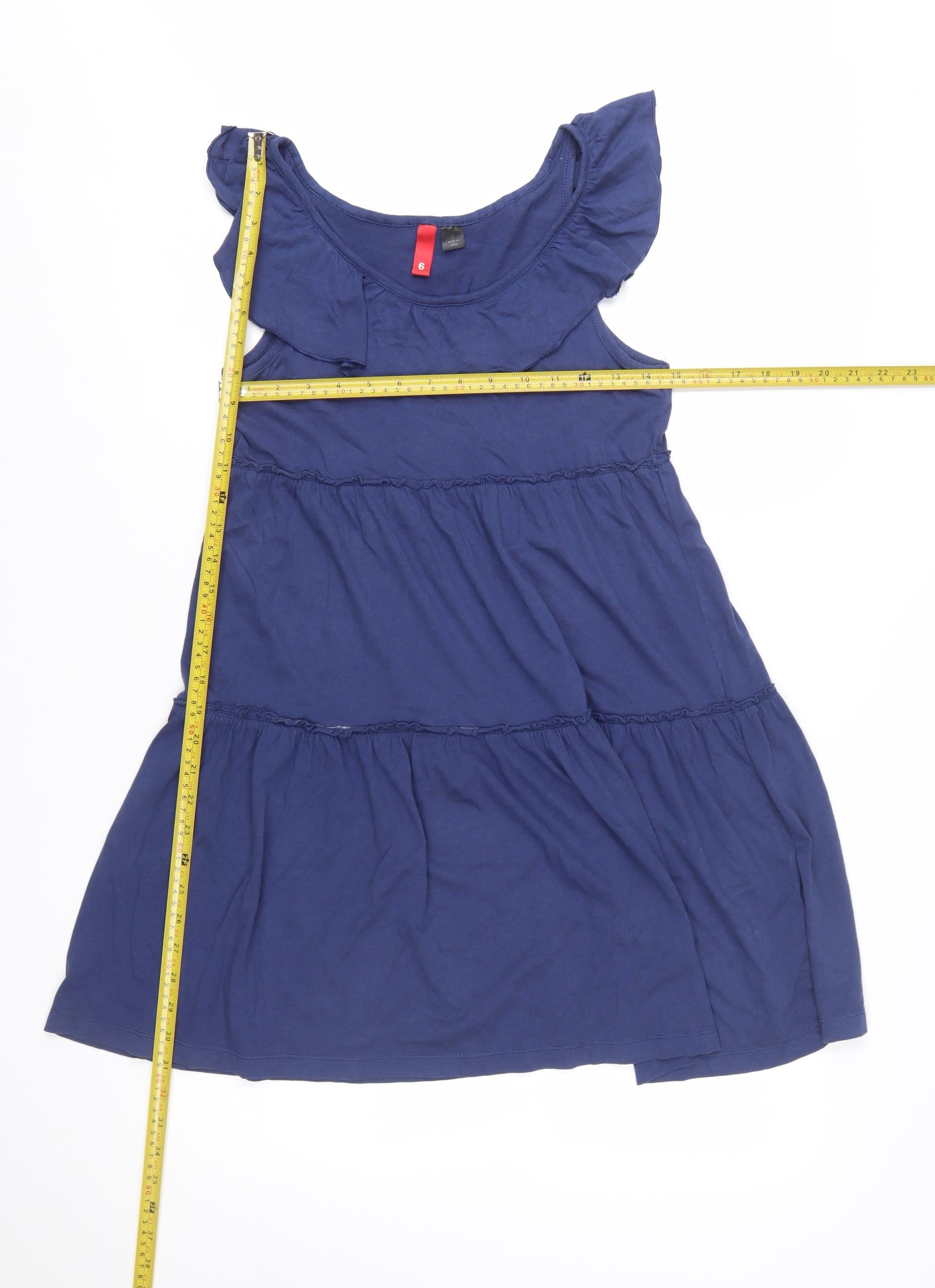 Womens H&M Size 6 A-Line Dress Blue Short Scoop Neck Sleeveless Casual Ruffle - label detail