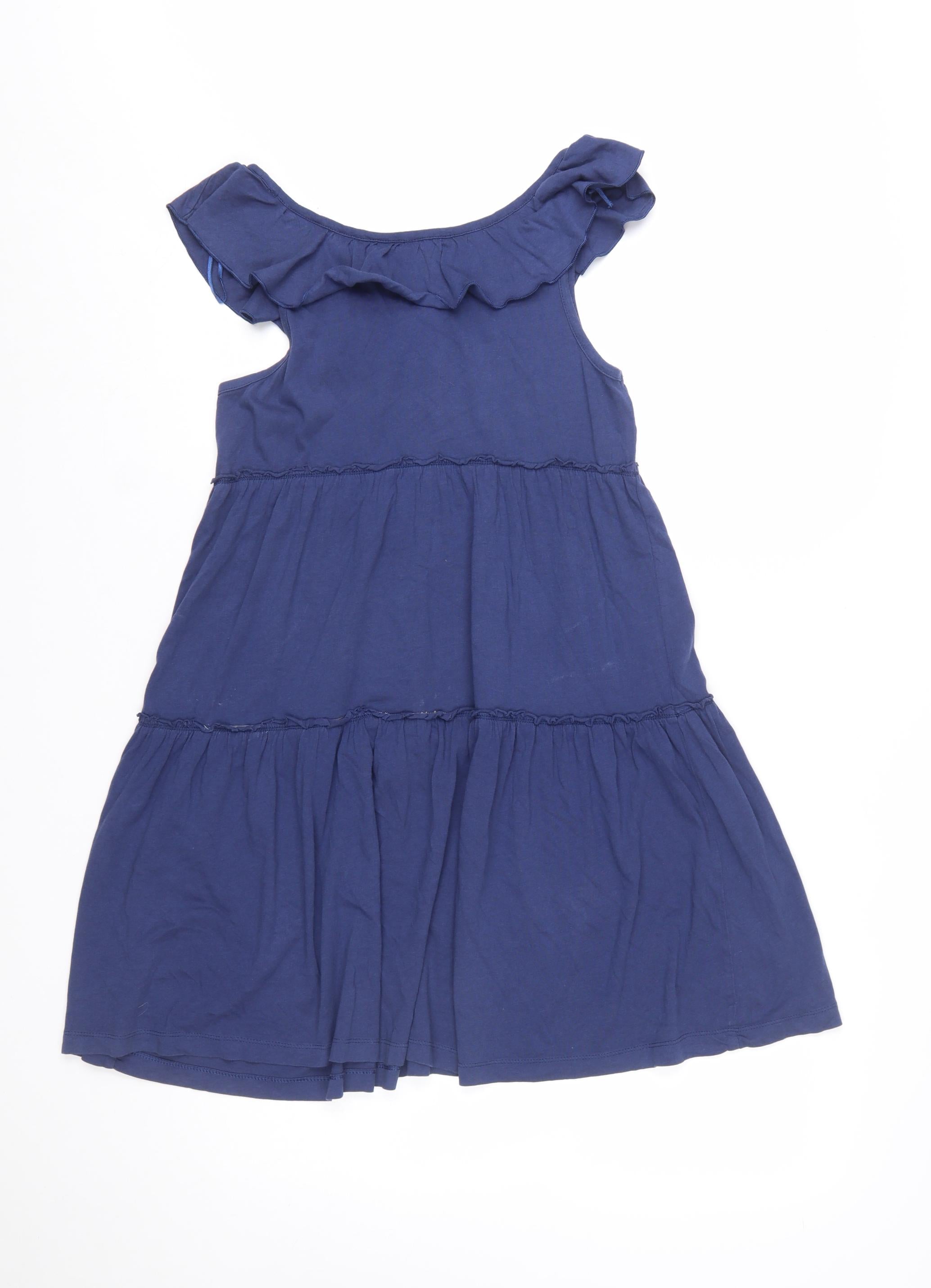 Womens H&M Size 6 A-Line Dress Blue Short Scoop Neck Sleeveless Casual Ruffle - close detail