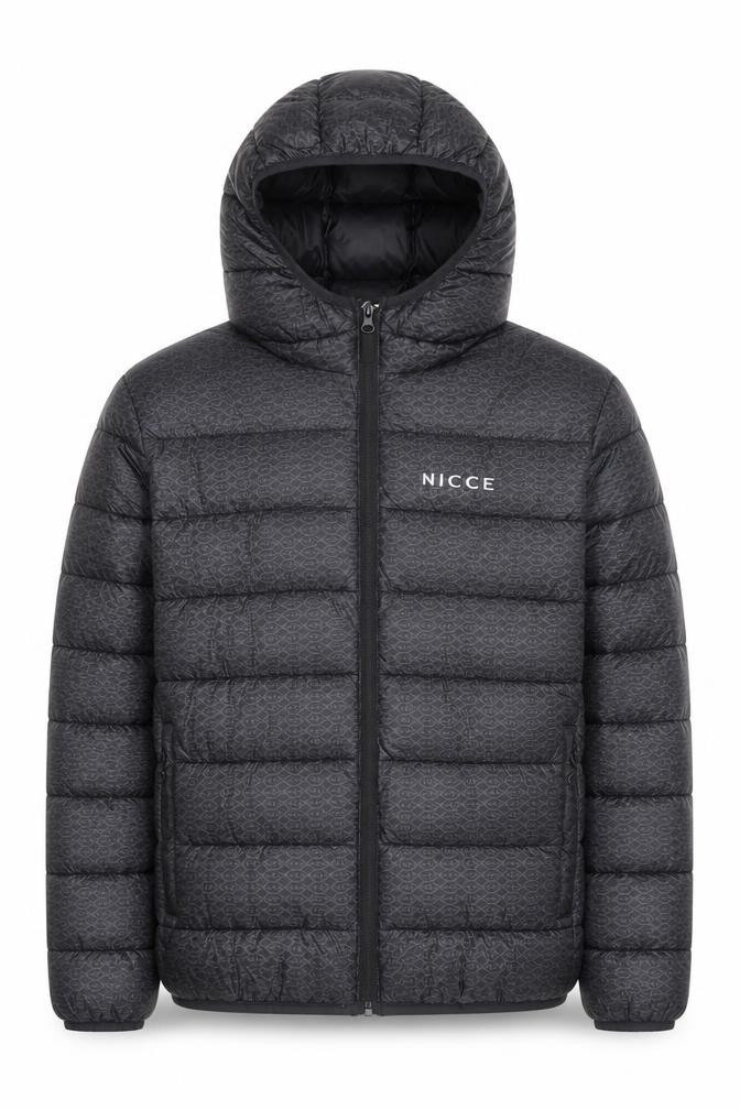 NICCE Mens Puffer Jacket Size L Black Mid-Length Casual Hooded Logo - front view