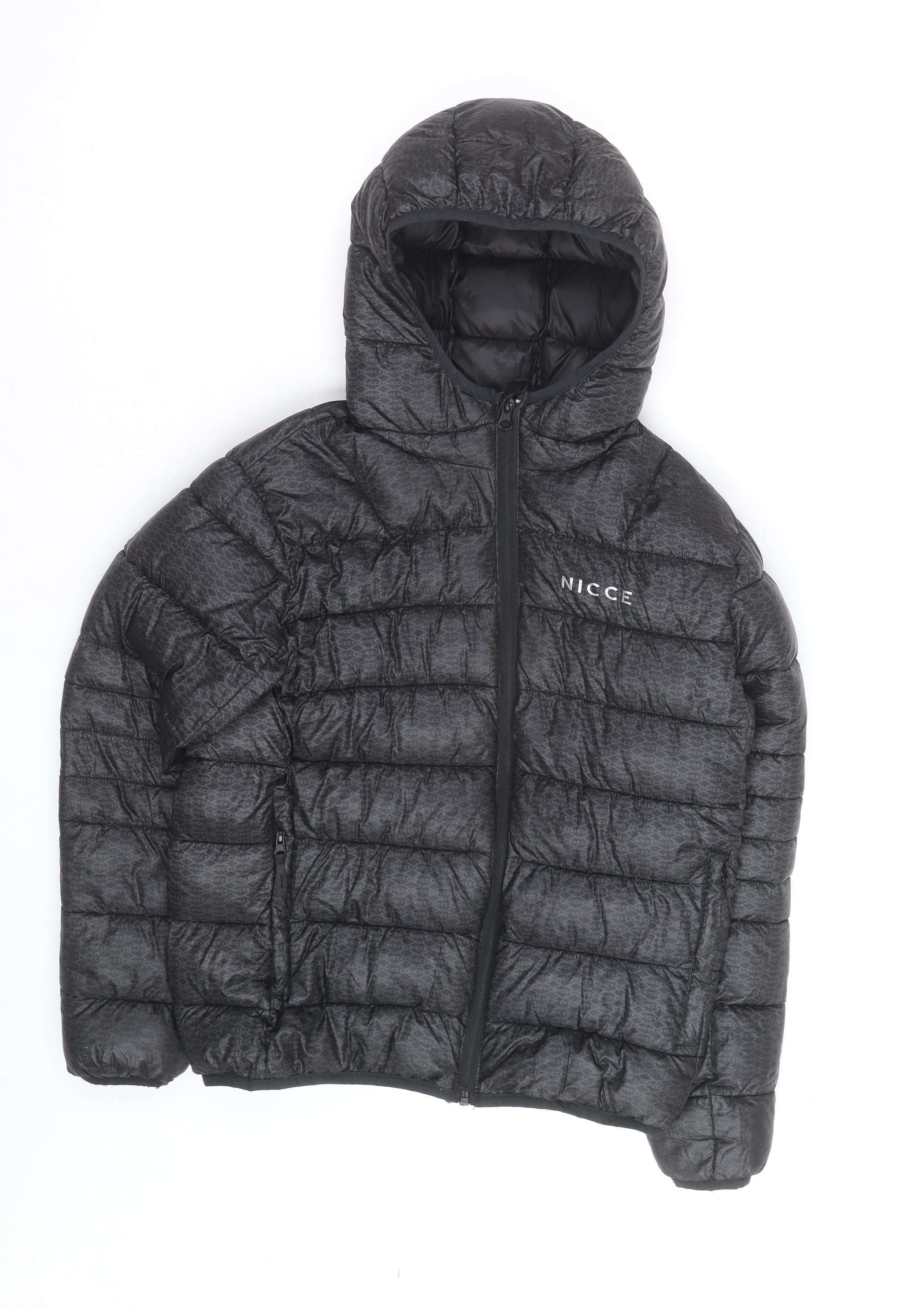 NICCE Mens Puffer Jacket Size L Black Mid-Length Casual Hooded Logo - reverse view