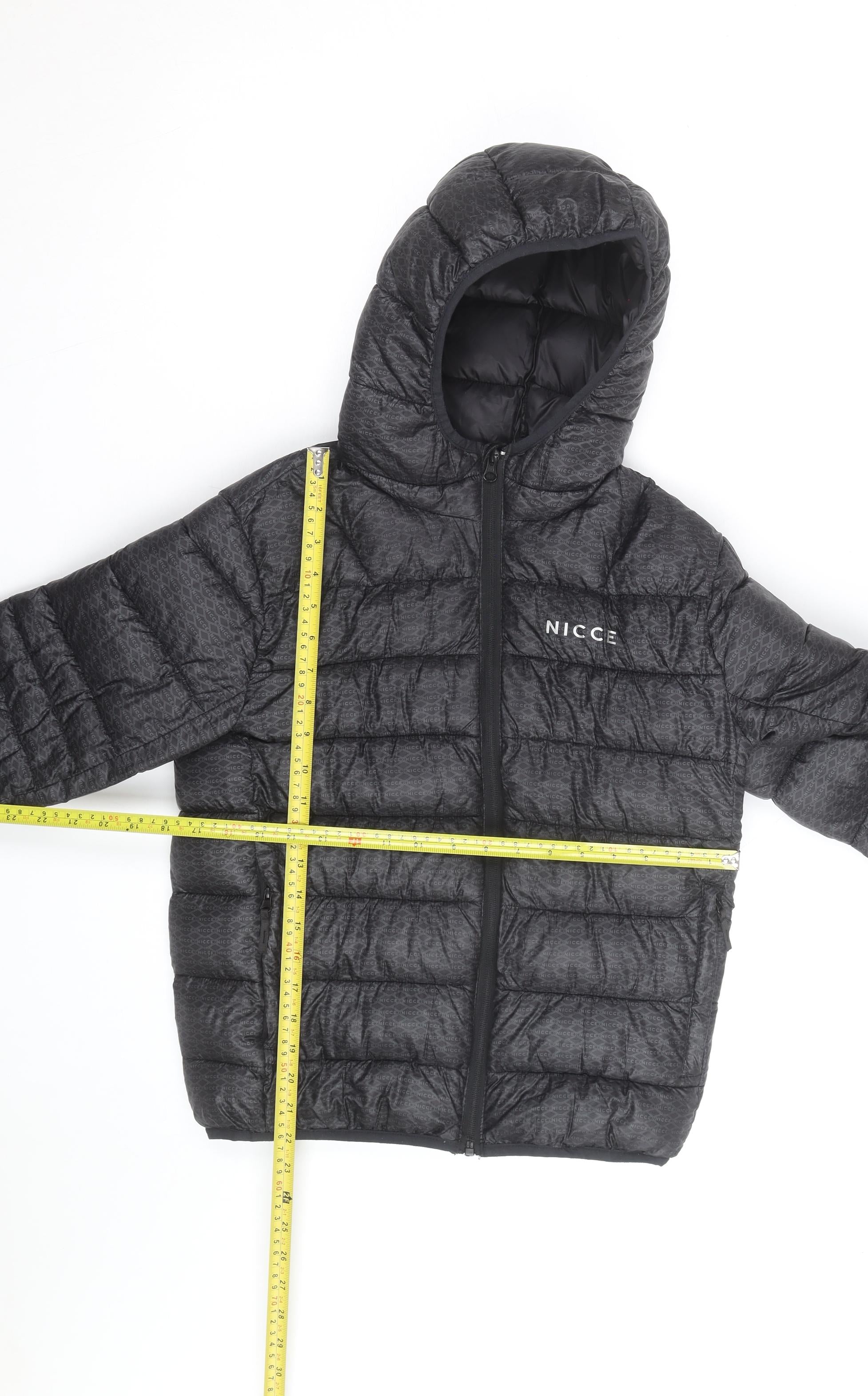 NICCE Mens Puffer Jacket Size L Black Mid-Length Casual Hooded Logo - label detail