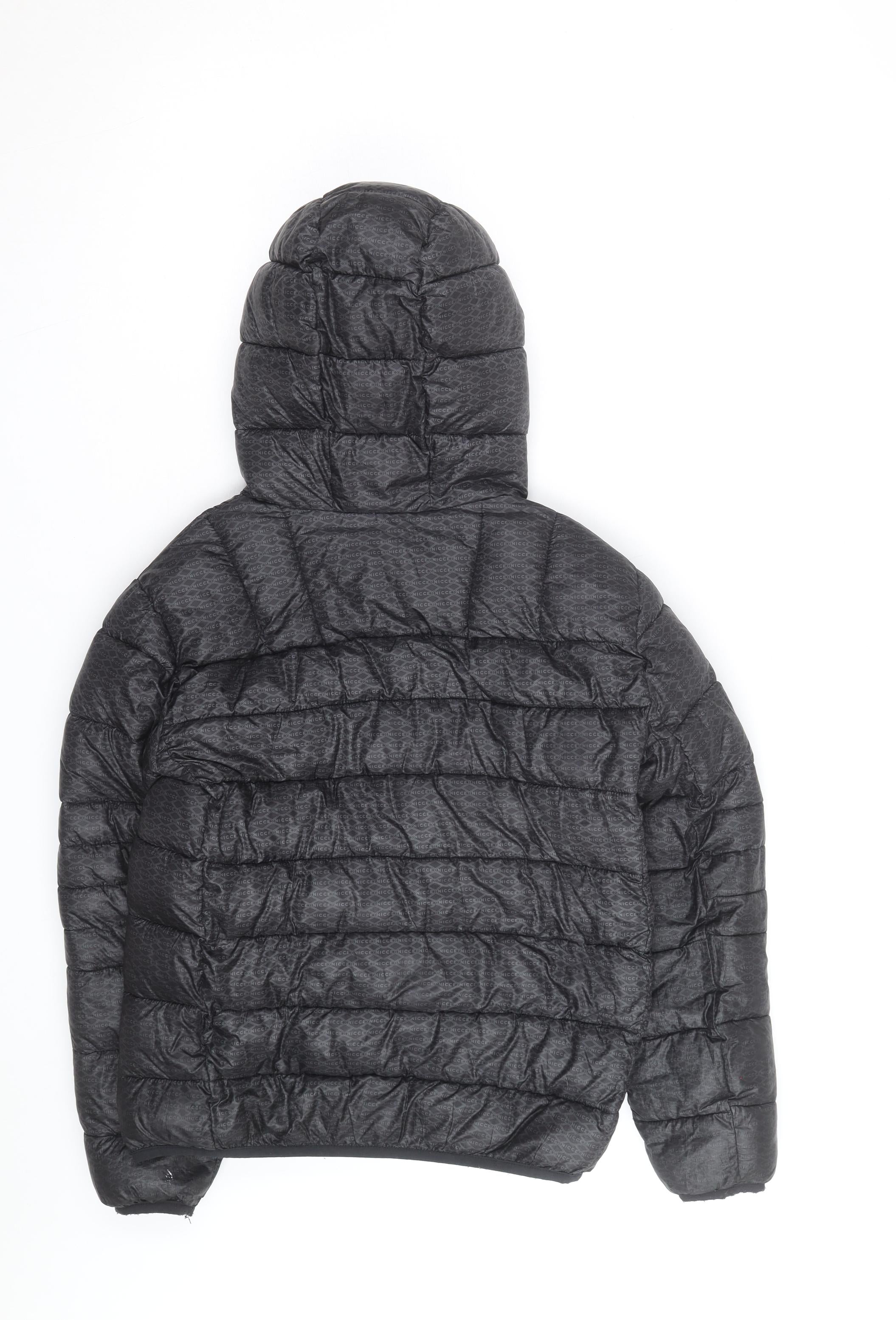 NICCE Mens Puffer Jacket Size L Black Mid-Length Casual Hooded Logo - close detail