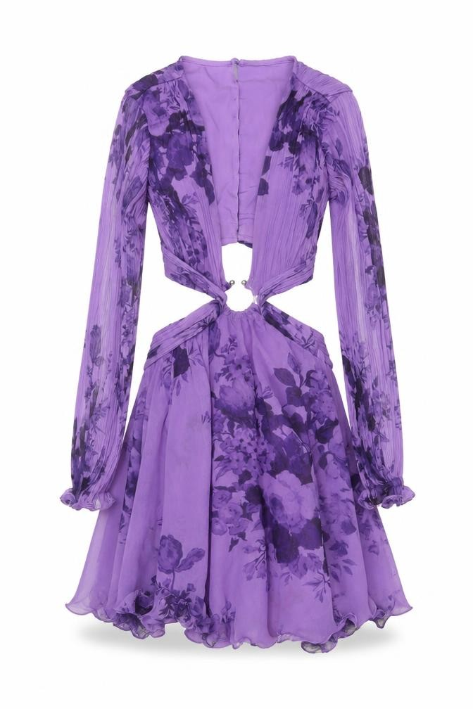 ASOS DESIGN Womens Fit & Flare Dress Size 4 Purple Floral Short V-Neck Cut Out - front view