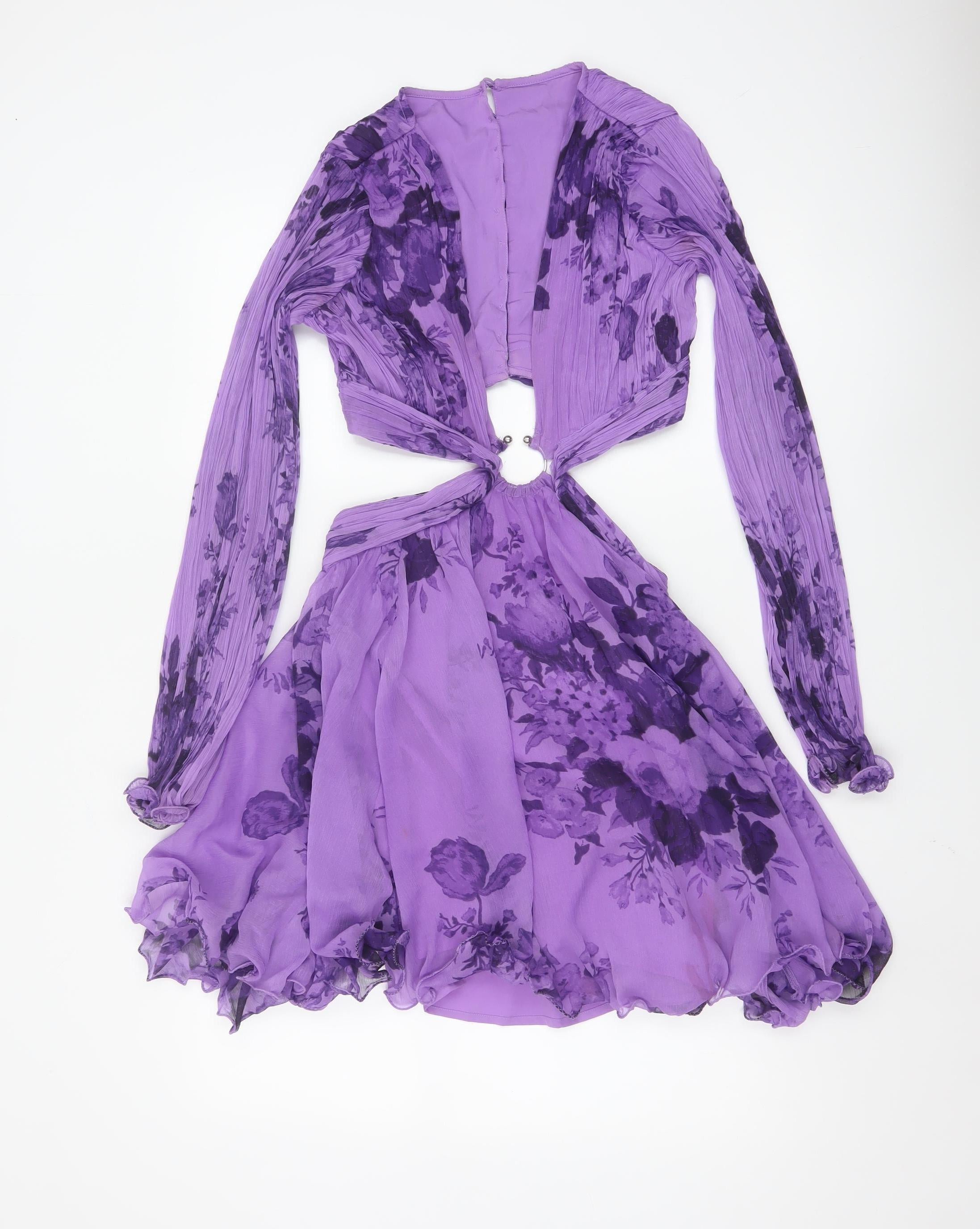 ASOS DESIGN Womens Fit & Flare Dress Size 4 Purple Floral Short V-Neck Cut Out - reverse view