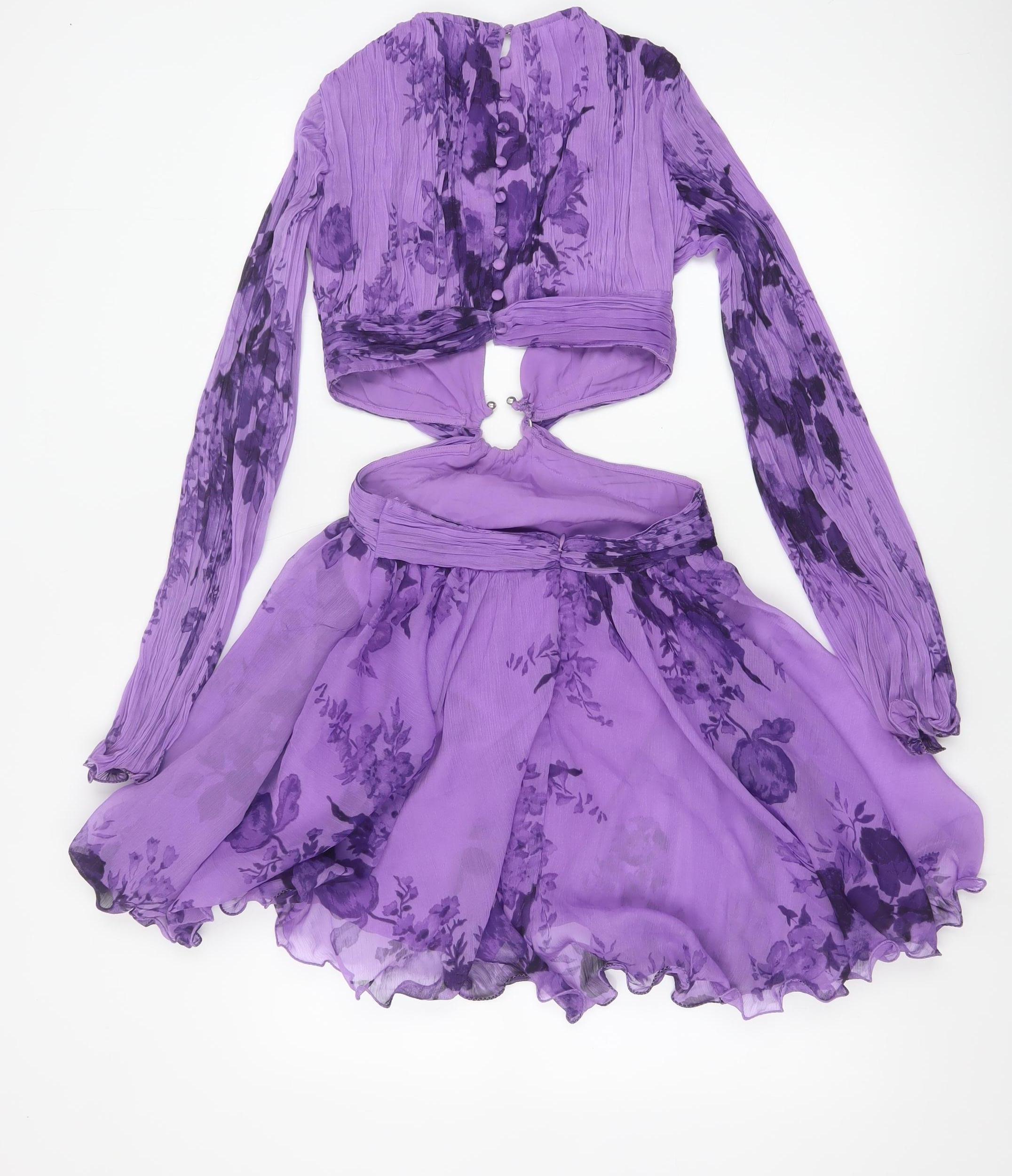 ASOS DESIGN Womens Fit & Flare Dress Size 4 Purple Floral Short V-Neck Cut Out - close detail