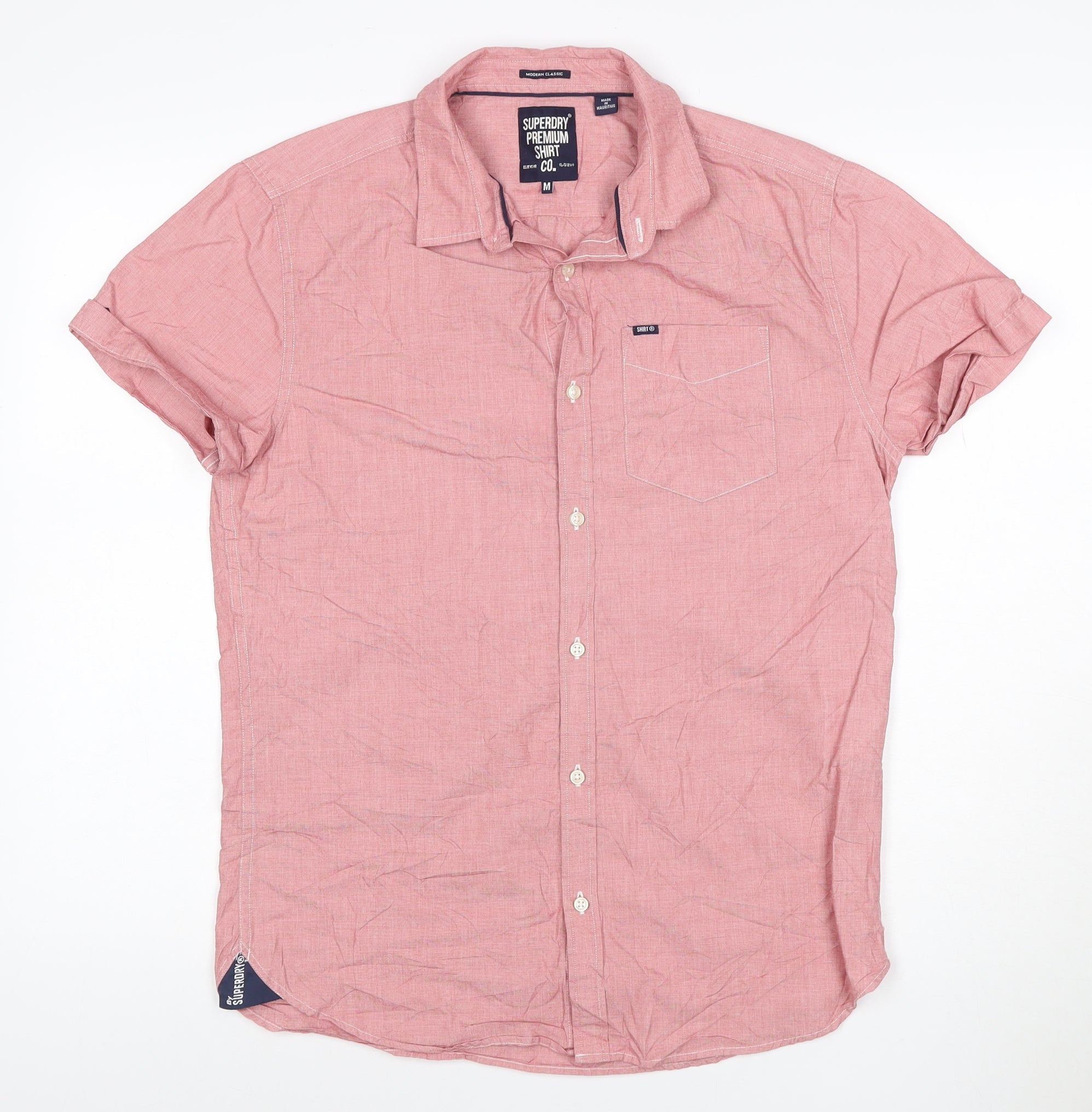 Mens Superdry Size M Button-Up Red Solid Collared Short Sleeve Casual Button - reverse view