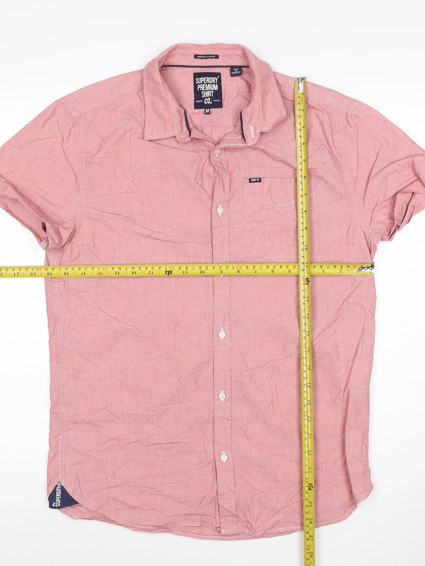 Mens Superdry Size M Button-Up Red Solid Collared Short Sleeve Casual Button - close detail