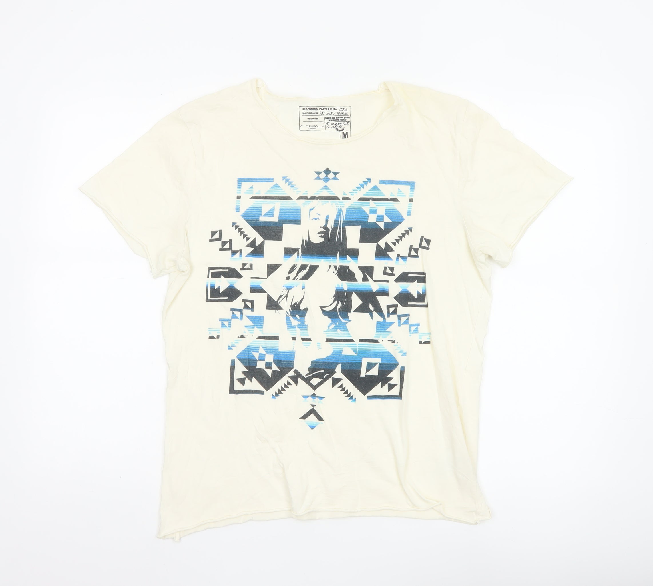Womens New Look Size M Basic T-Shirt Ivory Geometric Crew Neck Short Sleeve - reverse view