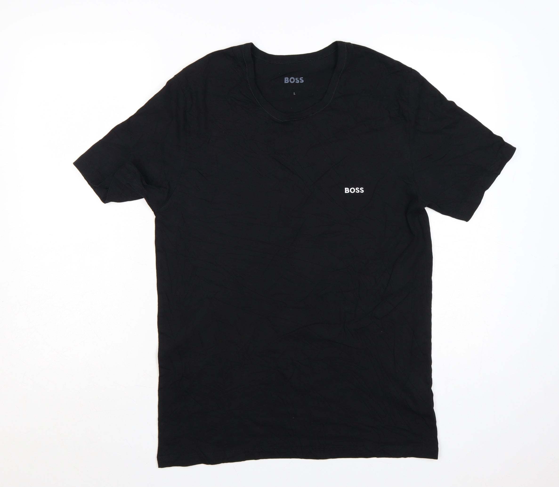 HUGO BOSS Mens T-Shirt Size L Black Solid Crew Neck Short Sleeve Breathable Logo - reverse view