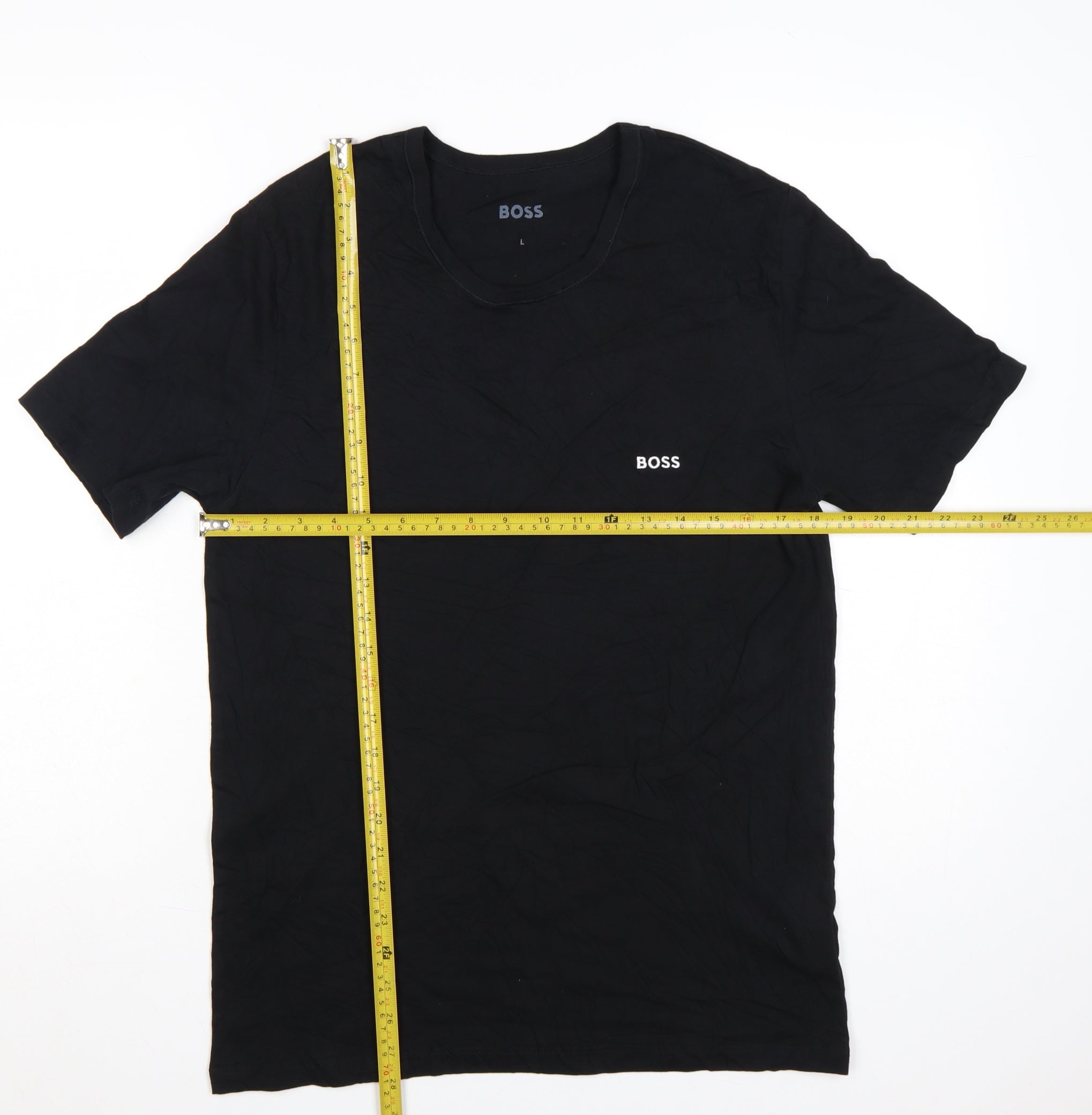 HUGO BOSS Mens T-Shirt Size L Black Solid Crew Neck Short Sleeve Breathable Logo - label detail