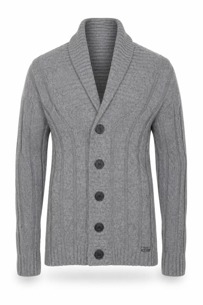 Mens Superdry Size M Cardigan Jumper Grey Collared Long Sleeve Casual Button - front view
