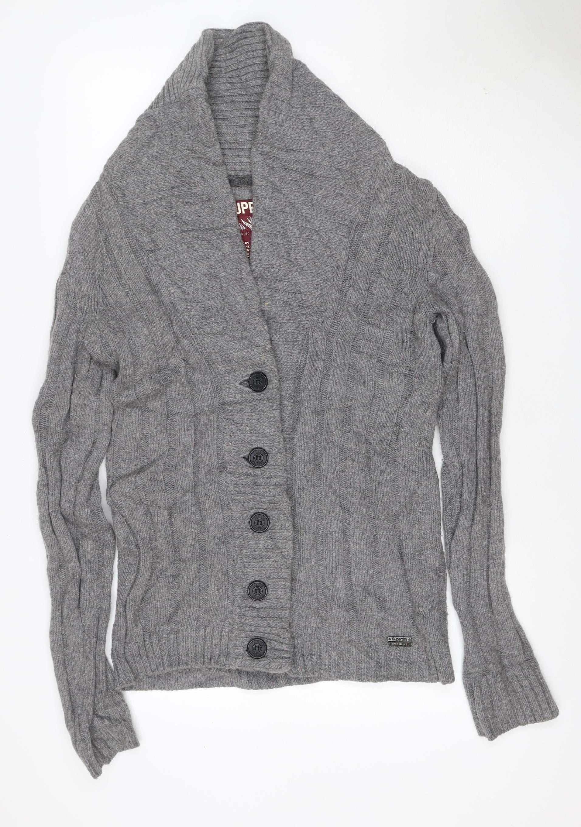 Mens Superdry Size M Cardigan Jumper Grey Collared Long Sleeve Casual Button - reverse view