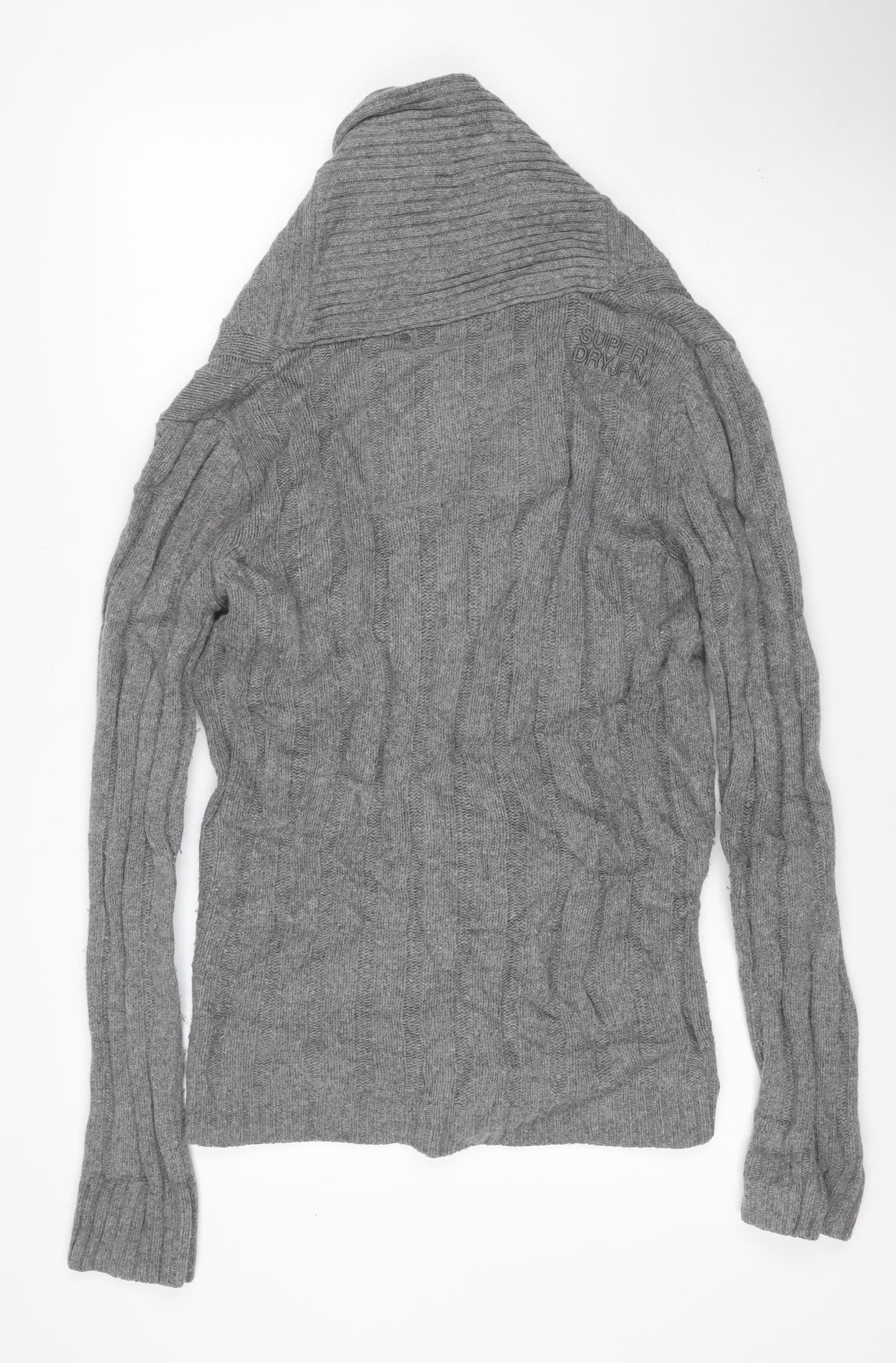 Mens Superdry Size M Cardigan Jumper Grey Collared Long Sleeve Casual Button - label detail