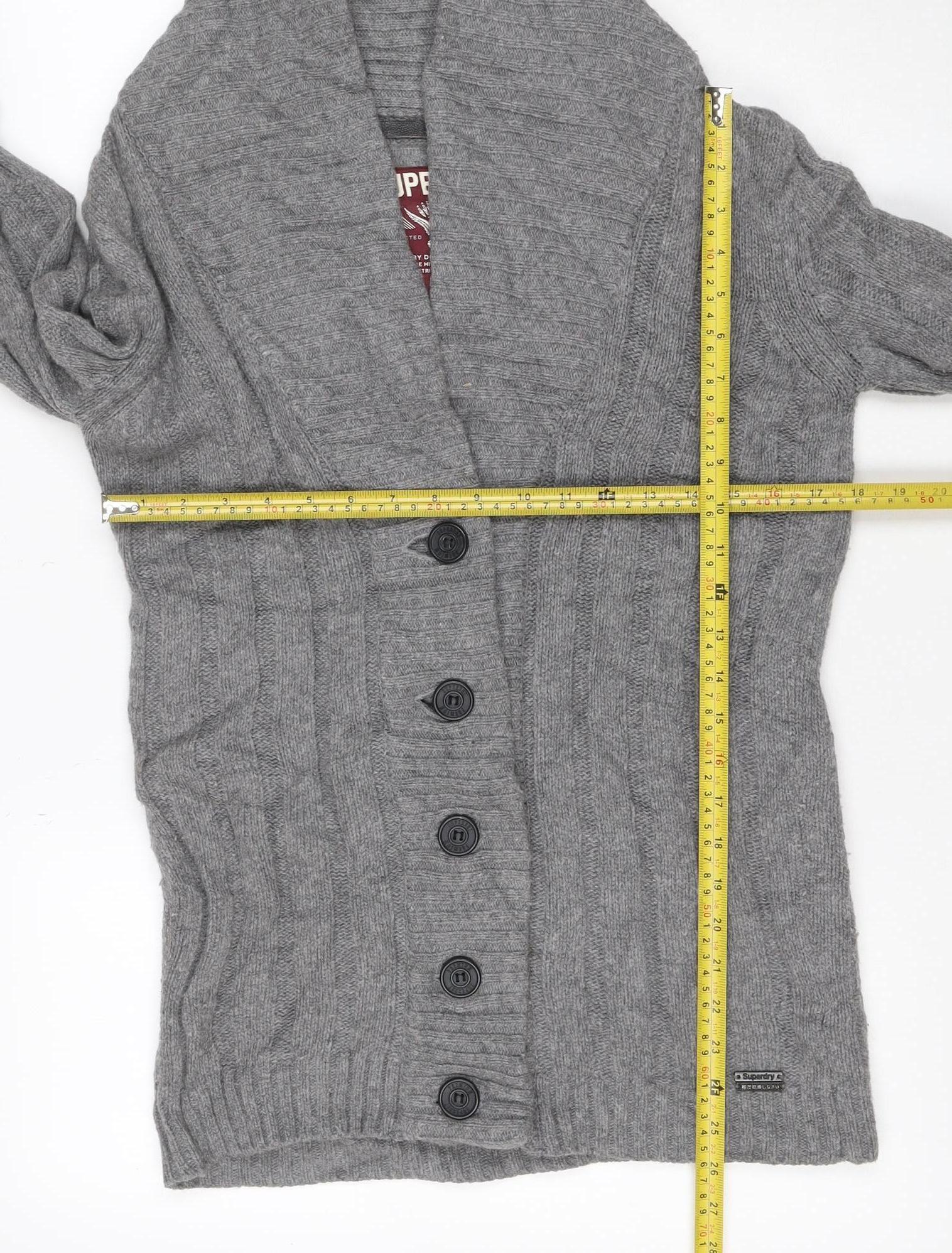Mens Superdry Size M Cardigan Jumper Grey Collared Long Sleeve Casual Button - close detail