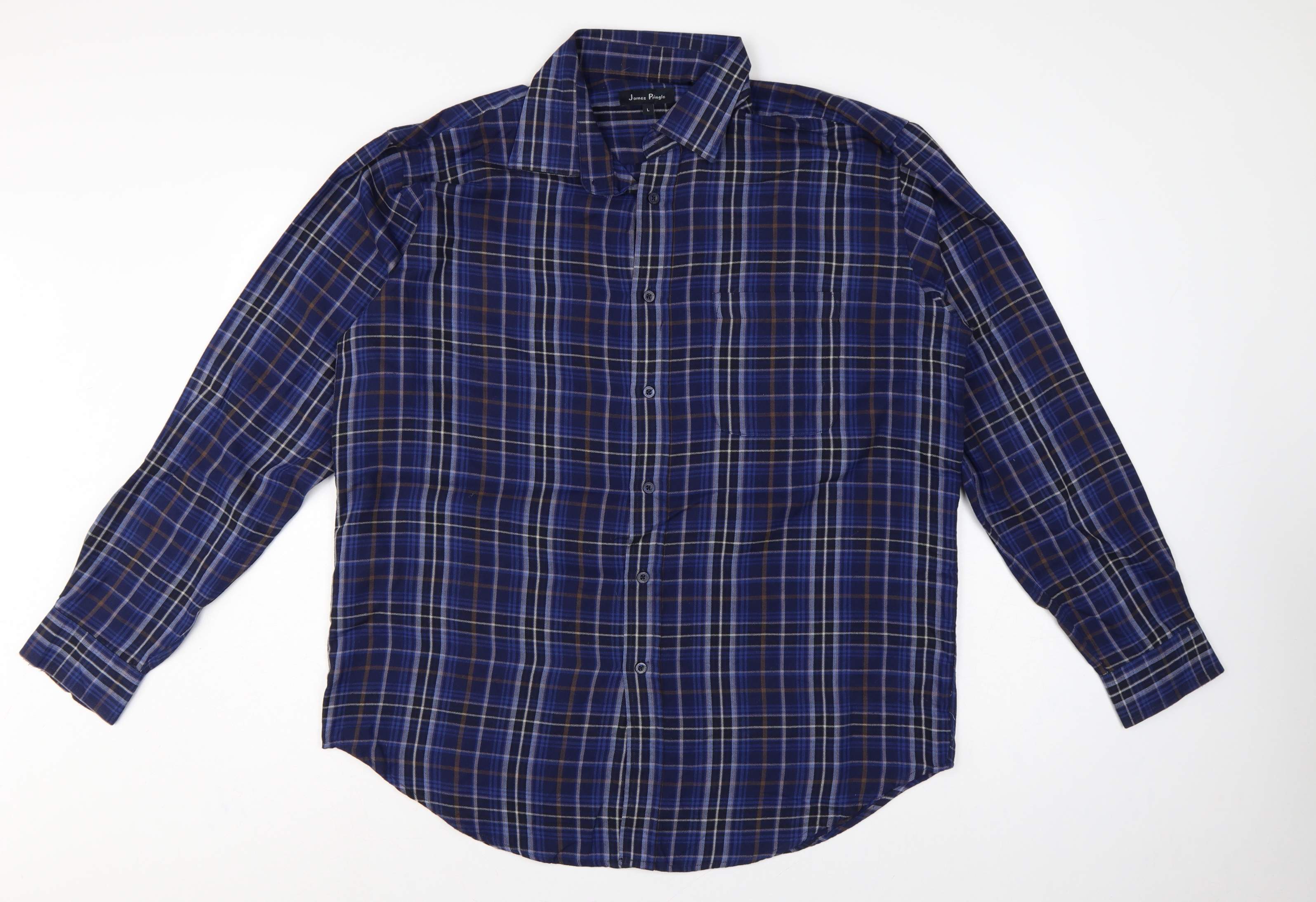 James Pringle Mens Button-Up Size L Blue Plaid Collared Long Sleeve Casual - reverse view
