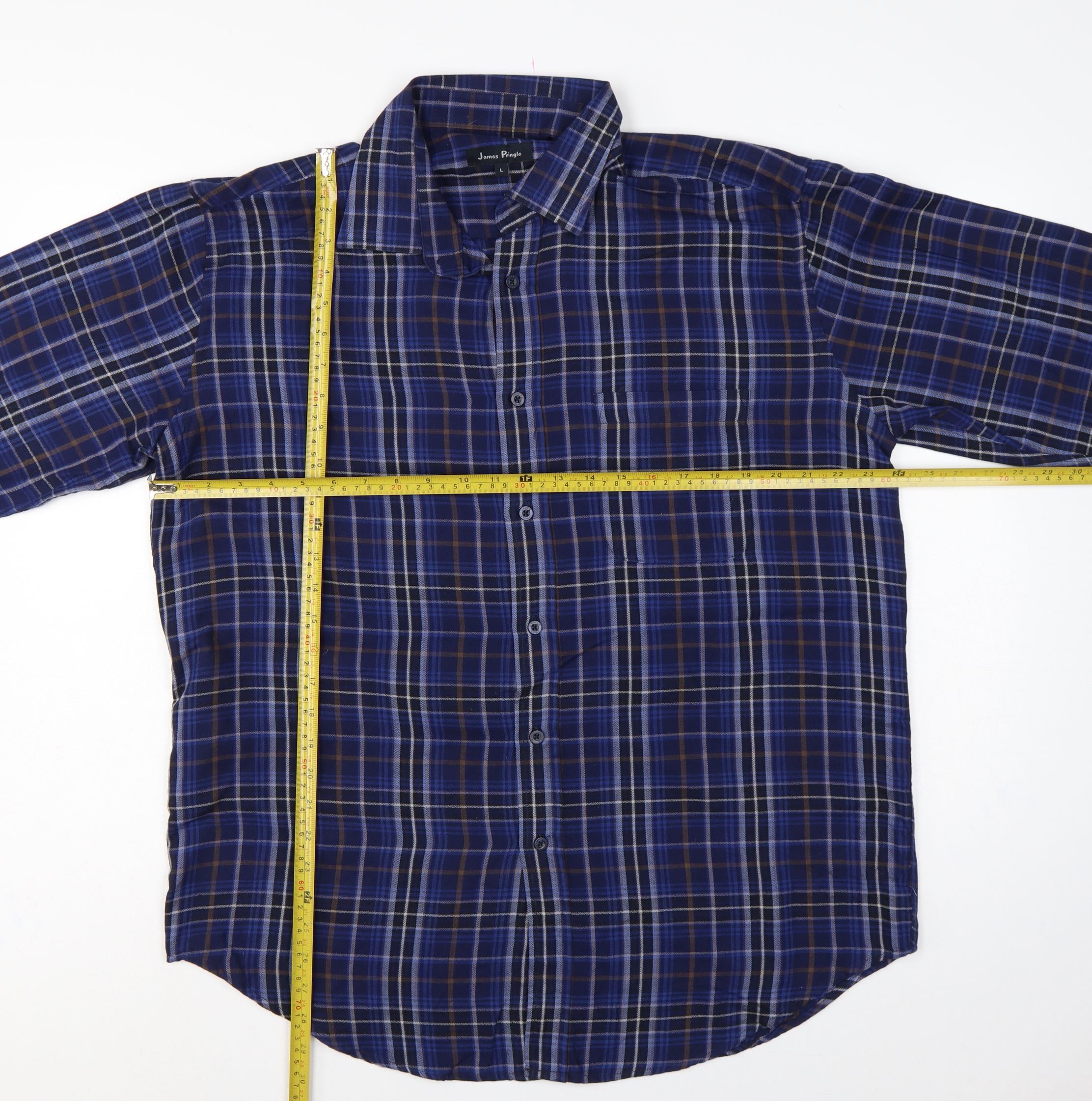 James Pringle Mens Button-Up Size L Blue Plaid Collared Long Sleeve Casual - label detail