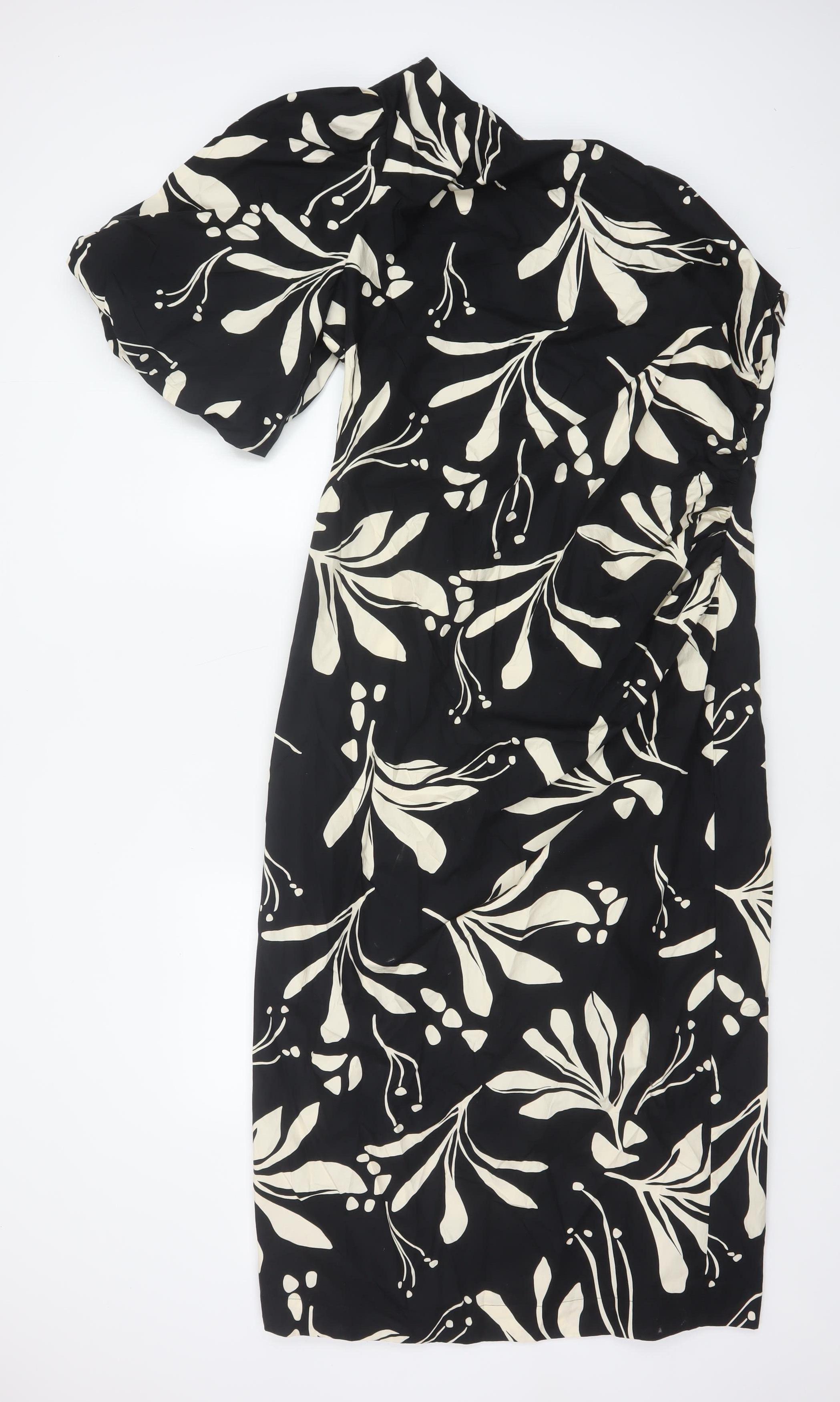 Marks & Spencer Womens Wrap Dress Size 16 Black Floral Midi Collared Casual - reverse view