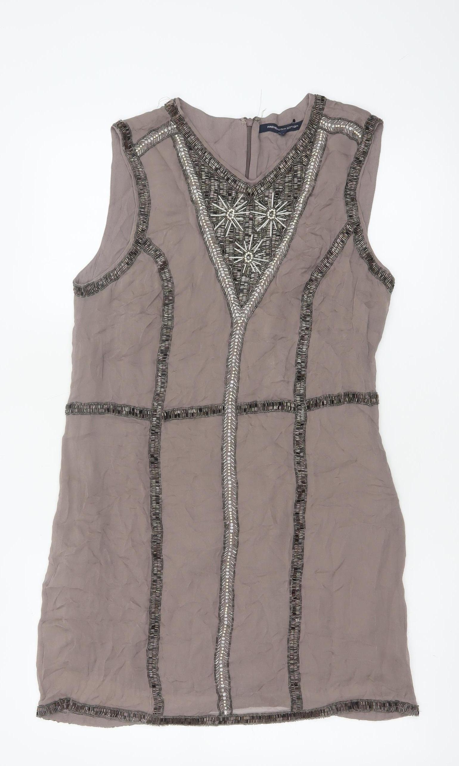 Womens French Connection Size 14 Sheath Dress Grey Knee Length V-Neck Sleeveless - reverse view