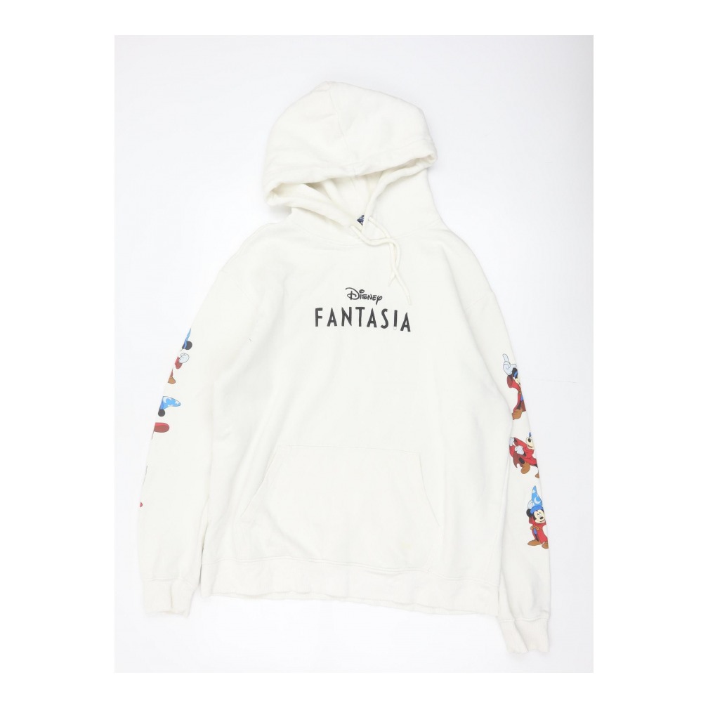 Mens H&M Size L Pullover Hoodie Ivory Graphic Print Long Sleeve Logo - front view