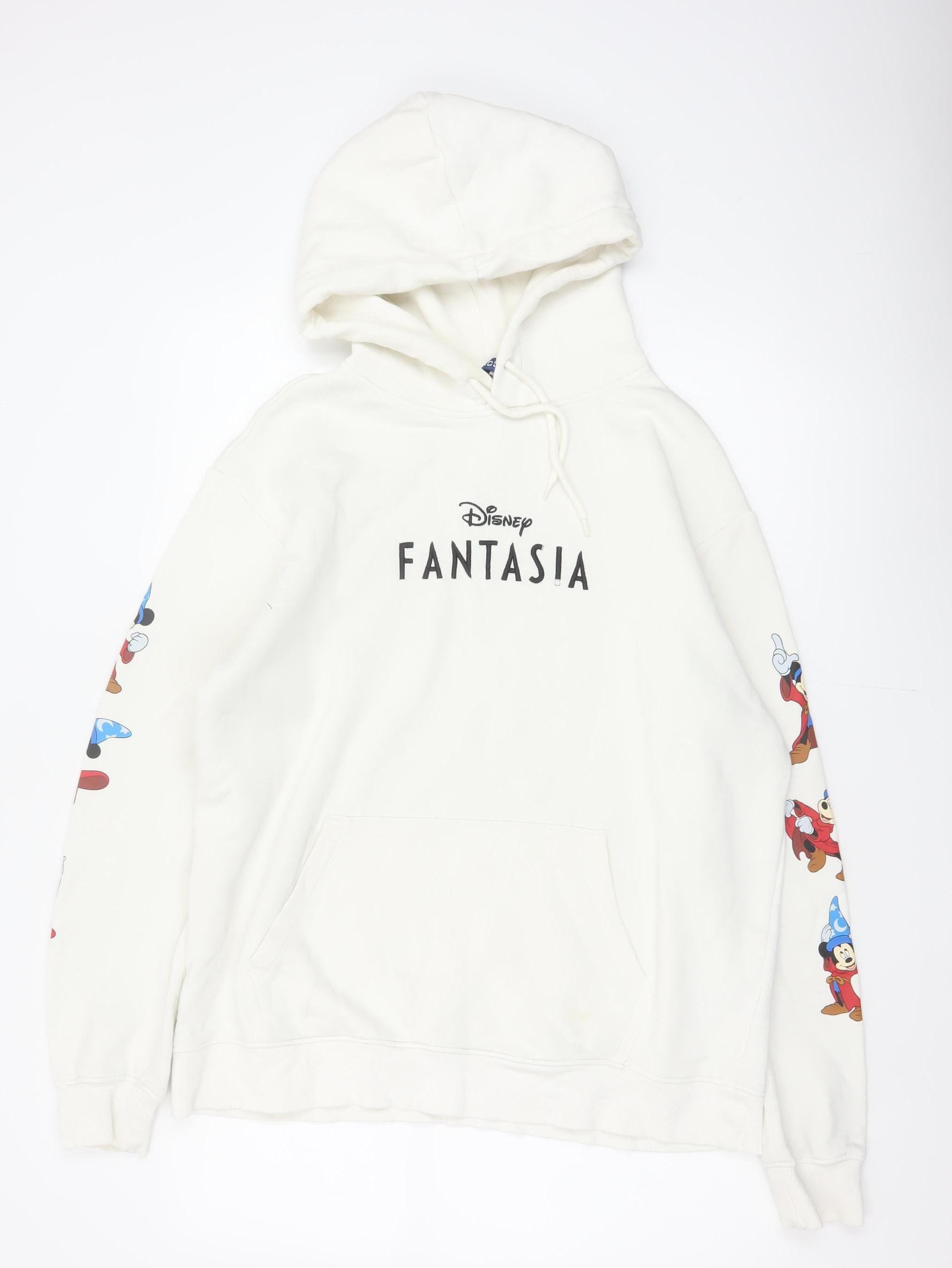 Mens H&M Size L Pullover Hoodie Ivory Graphic Print Long Sleeve Logo - reverse view