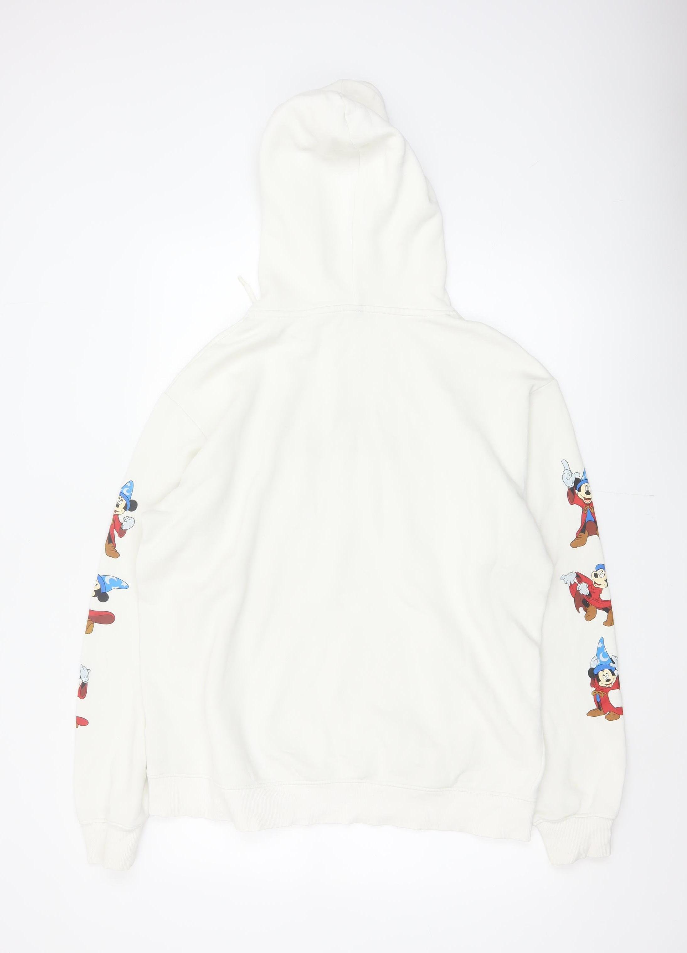 Mens H&M Size L Pullover Hoodie Ivory Graphic Print Long Sleeve Logo - close detail