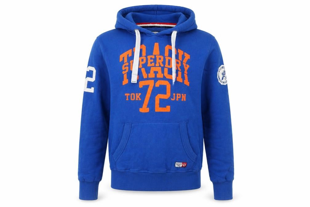 Mens Superdry Size L Pullover Hoodie Blue Graphic Print Long Sleeve Logo - front view
