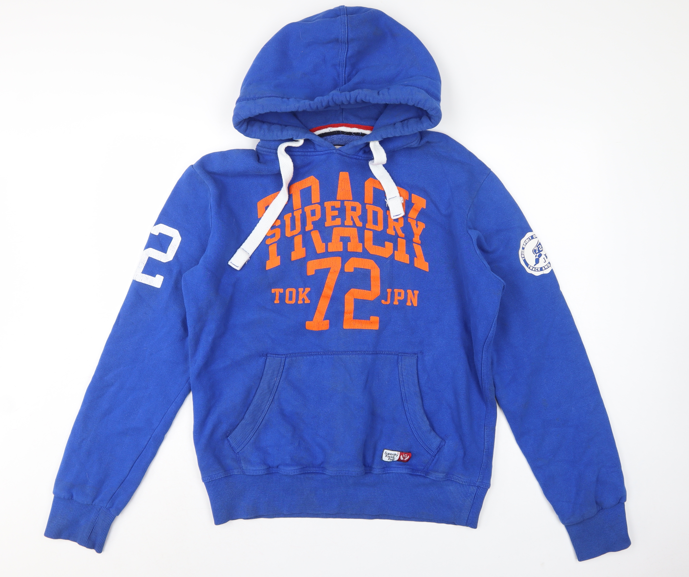 Mens Superdry Size L Pullover Hoodie Blue Graphic Print Long Sleeve Logo - reverse view