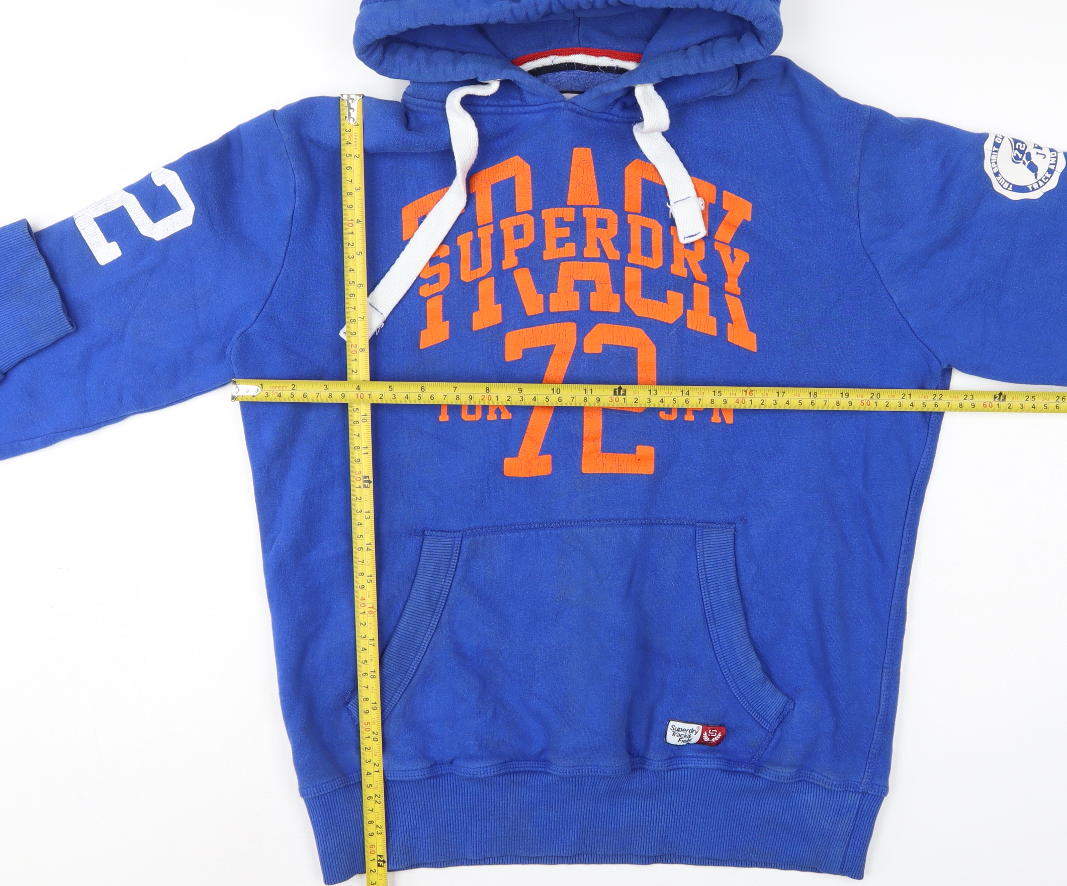 Mens Superdry Size L Pullover Hoodie Blue Graphic Print Long Sleeve Logo - label detail