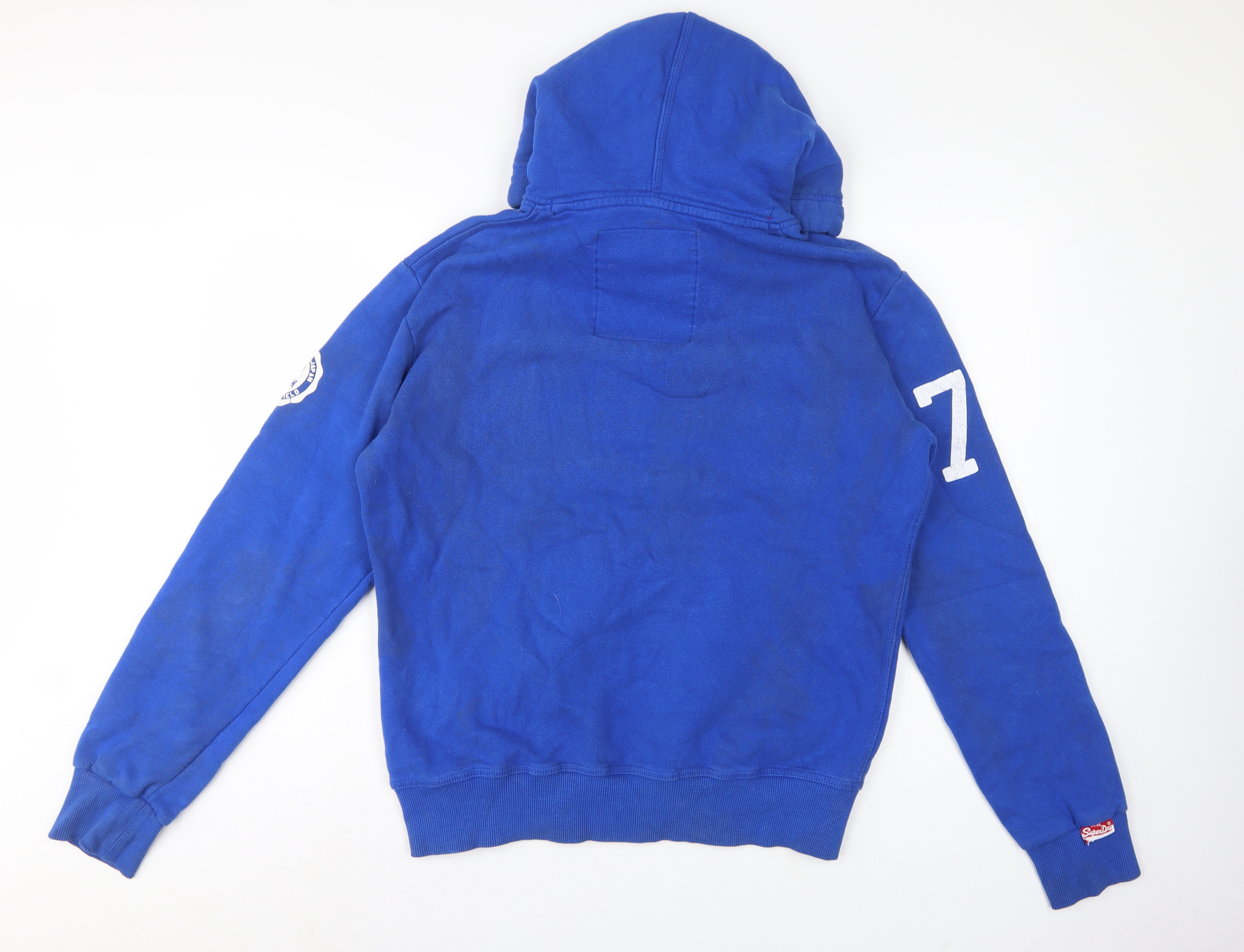 Mens Superdry Size L Pullover Hoodie Blue Graphic Print Long Sleeve Logo - close detail
