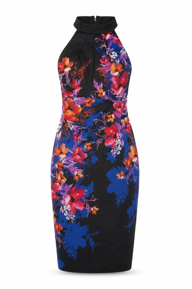 Karen Millen Womens Pencil Dress Size 8 Multicoloured Floral Long Halter Formal - front view