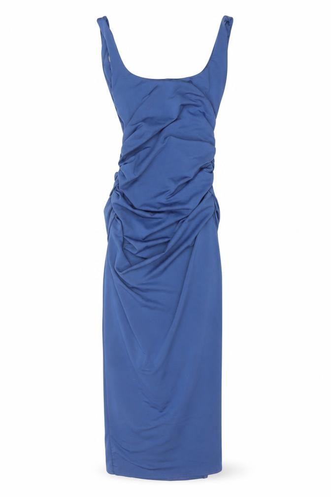 New Look Womens Bodycon Dress Size 6 Blue Long Scoop Neck Sleeveless Ruched - front view