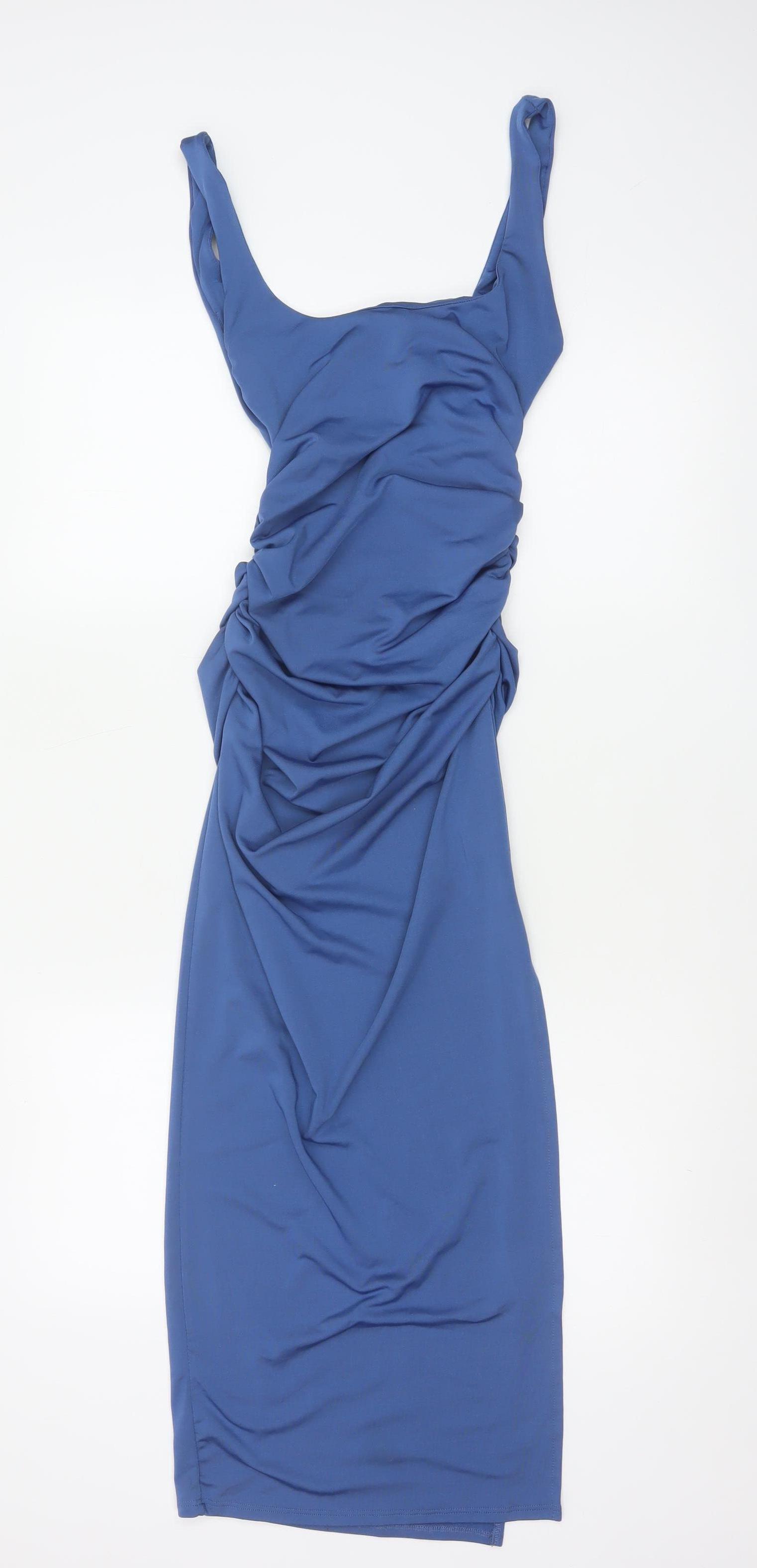New Look Womens Bodycon Dress Size 6 Blue Long Scoop Neck Sleeveless Ruched - reverse view