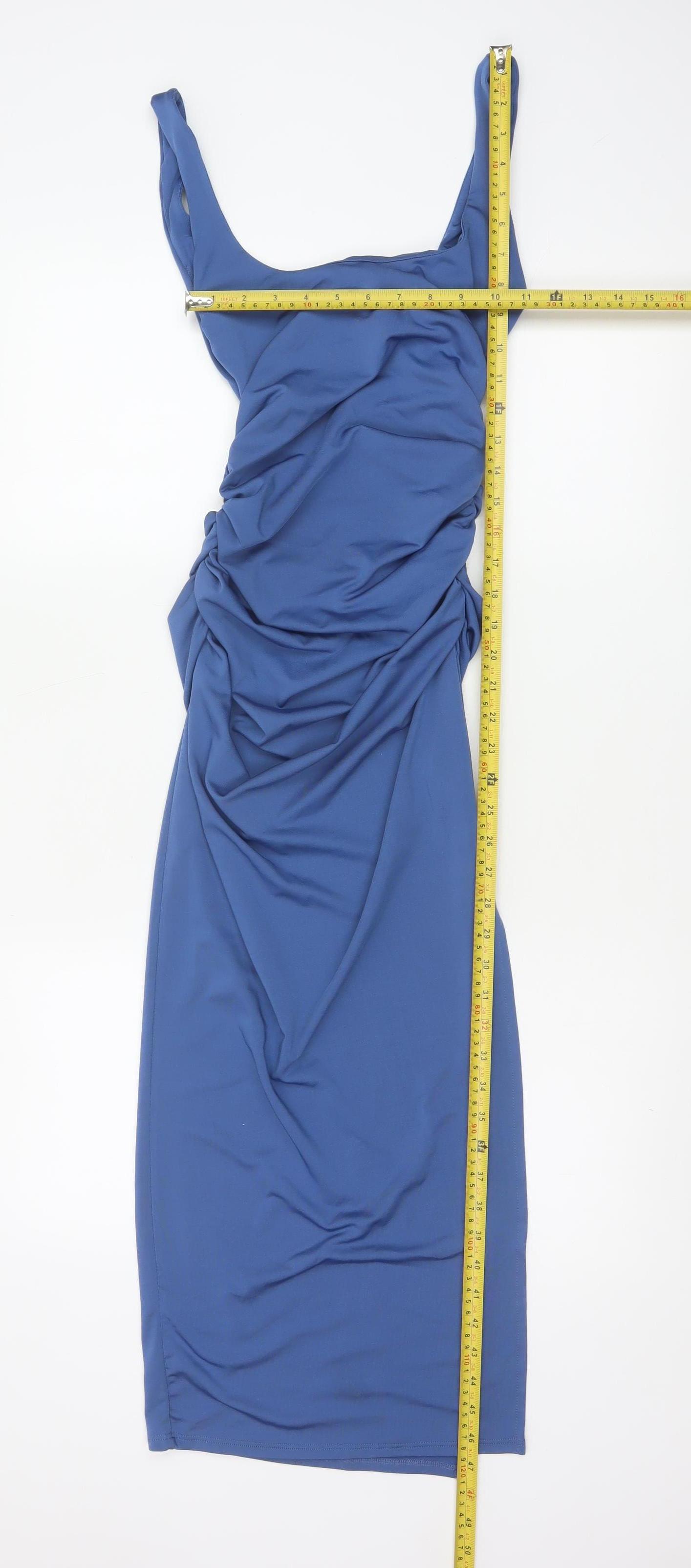 New Look Womens Bodycon Dress Size 6 Blue Long Scoop Neck Sleeveless Ruched - label detail