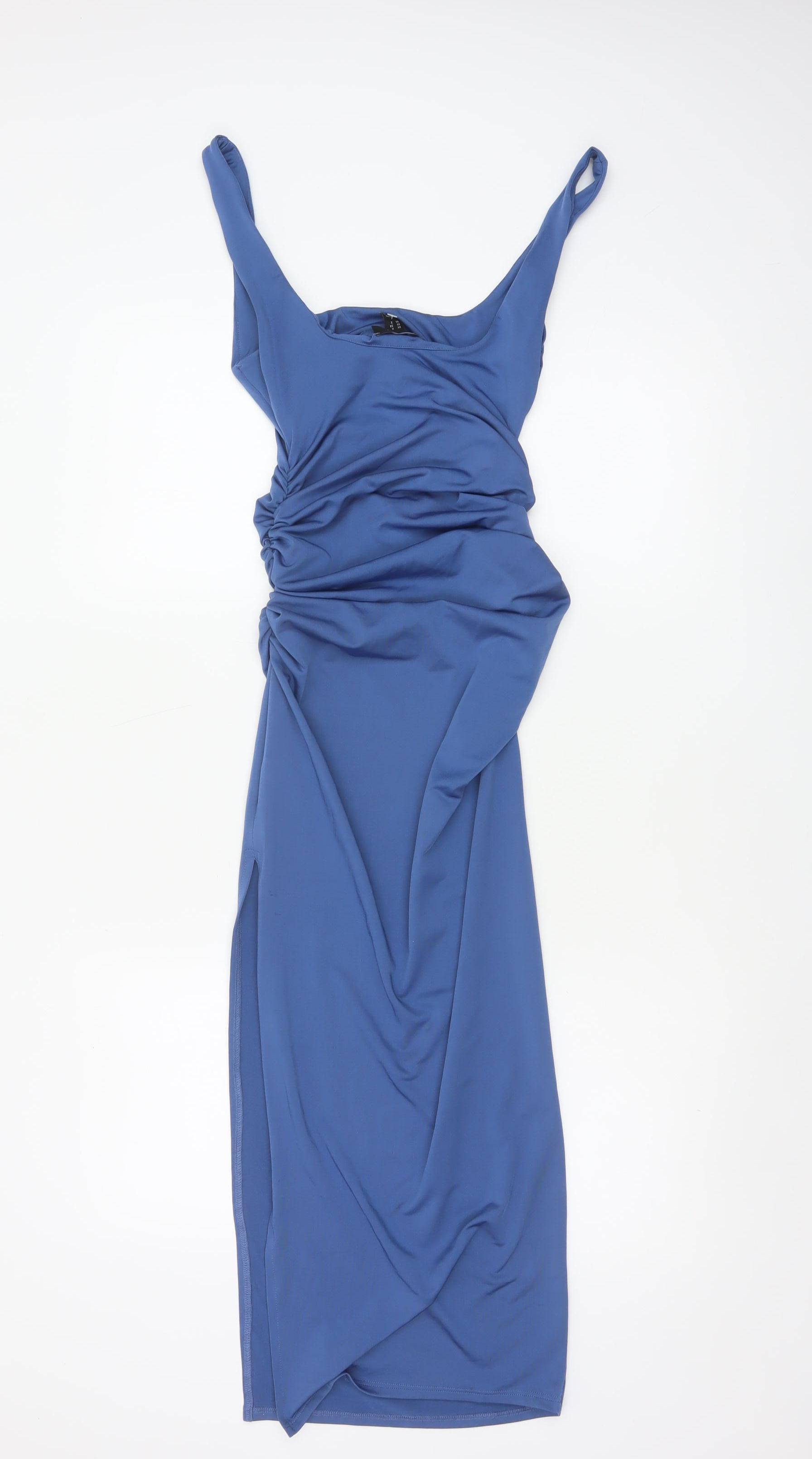 New Look Womens Bodycon Dress Size 6 Blue Long Scoop Neck Sleeveless Ruched - close detail