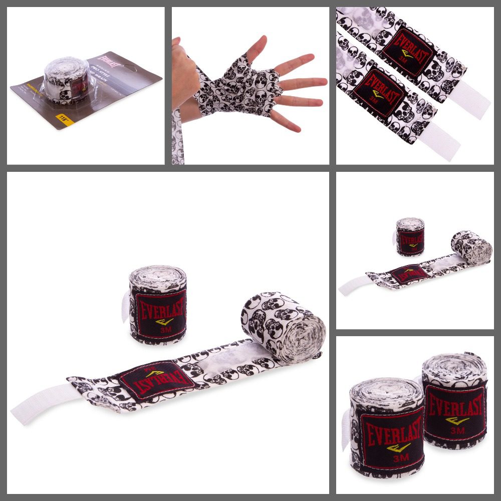 Бінти боксерські ZELART бавовна з еластаном з принтом "Череп", довжина 3м, чорний-білий