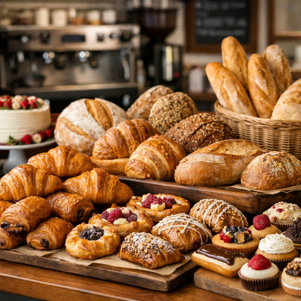 Freshly baked artisan breads and golden pastries arranged on a bakery counter