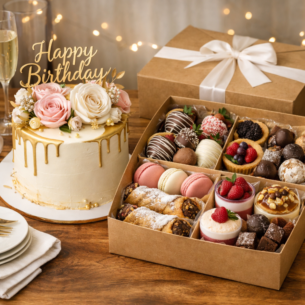 Elegant custom cake and assorted dessert box prepared for a celebration