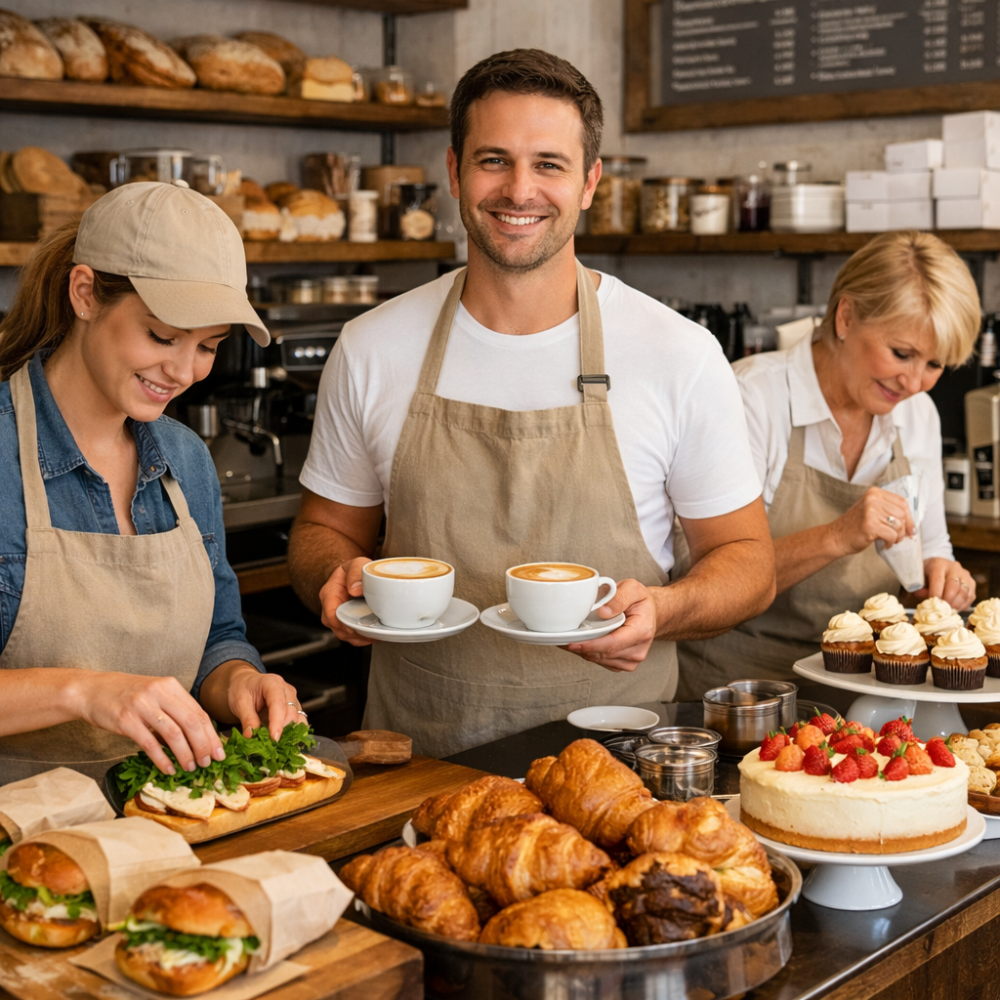 Bakery team preparing sandwiches, coffee, and pastry orders behind the counter