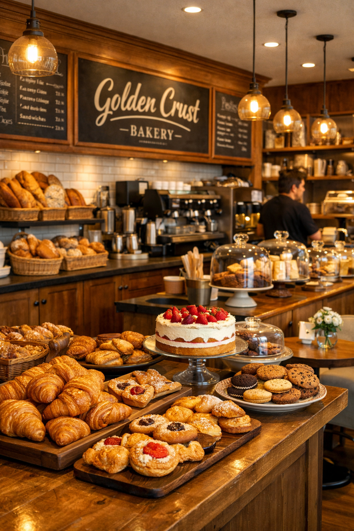 Inviting bakery café interior with warm lighting, fresh pastries, and comfortable neighborhood charm