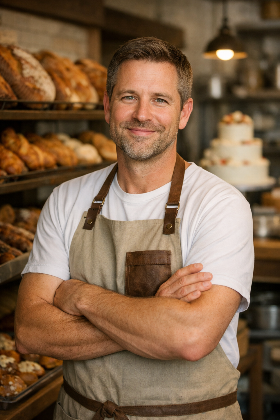 Professional portrait of a friendly bakery owner or lead baker in a warm artisan kitchen setting